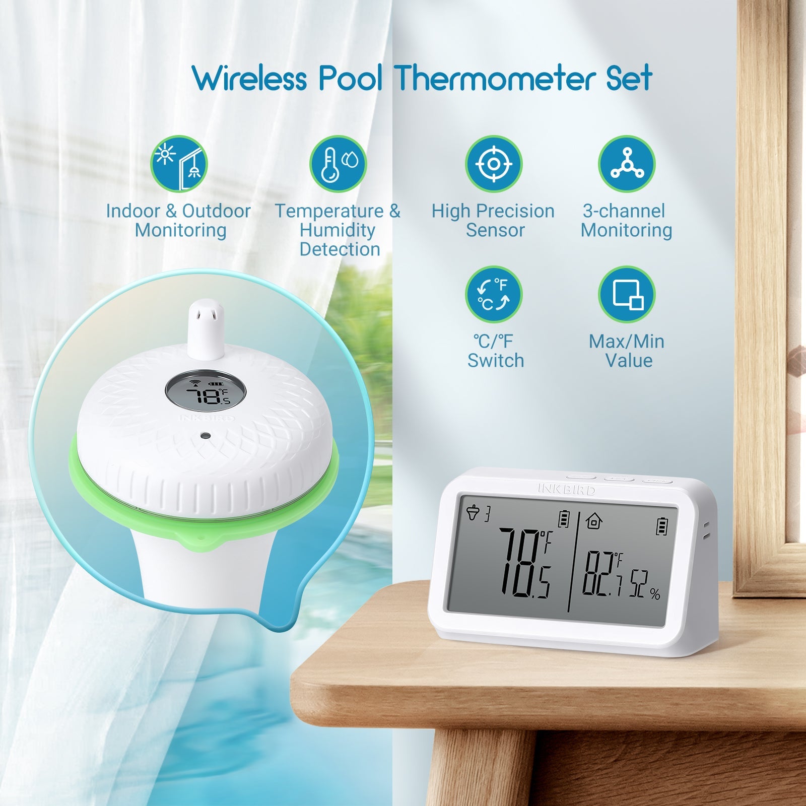 Wireless Pool Thermometer Set IBS P02R - Digital Floating Thermometer for Swimming Pools, Spas & Hot Tubs - Monitor Water Temperature Remotely for Perfect Swimming Comfort