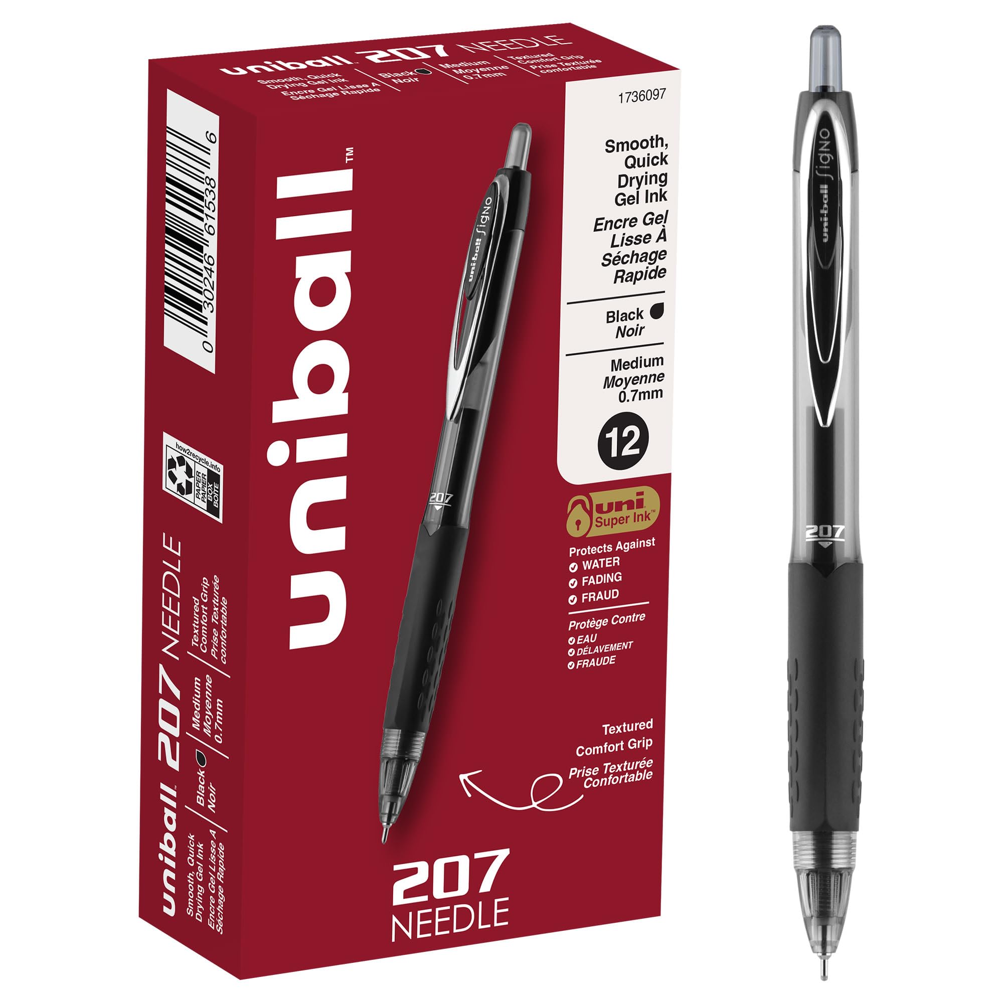 Uniball Signo 207 Gel Pens 12-Pack - Medium Point (0.7mm) Black Ink Smooth Writing Gel Pen Set for Office, School, Note Taking & Journaling - Bulk Office & School Supplies