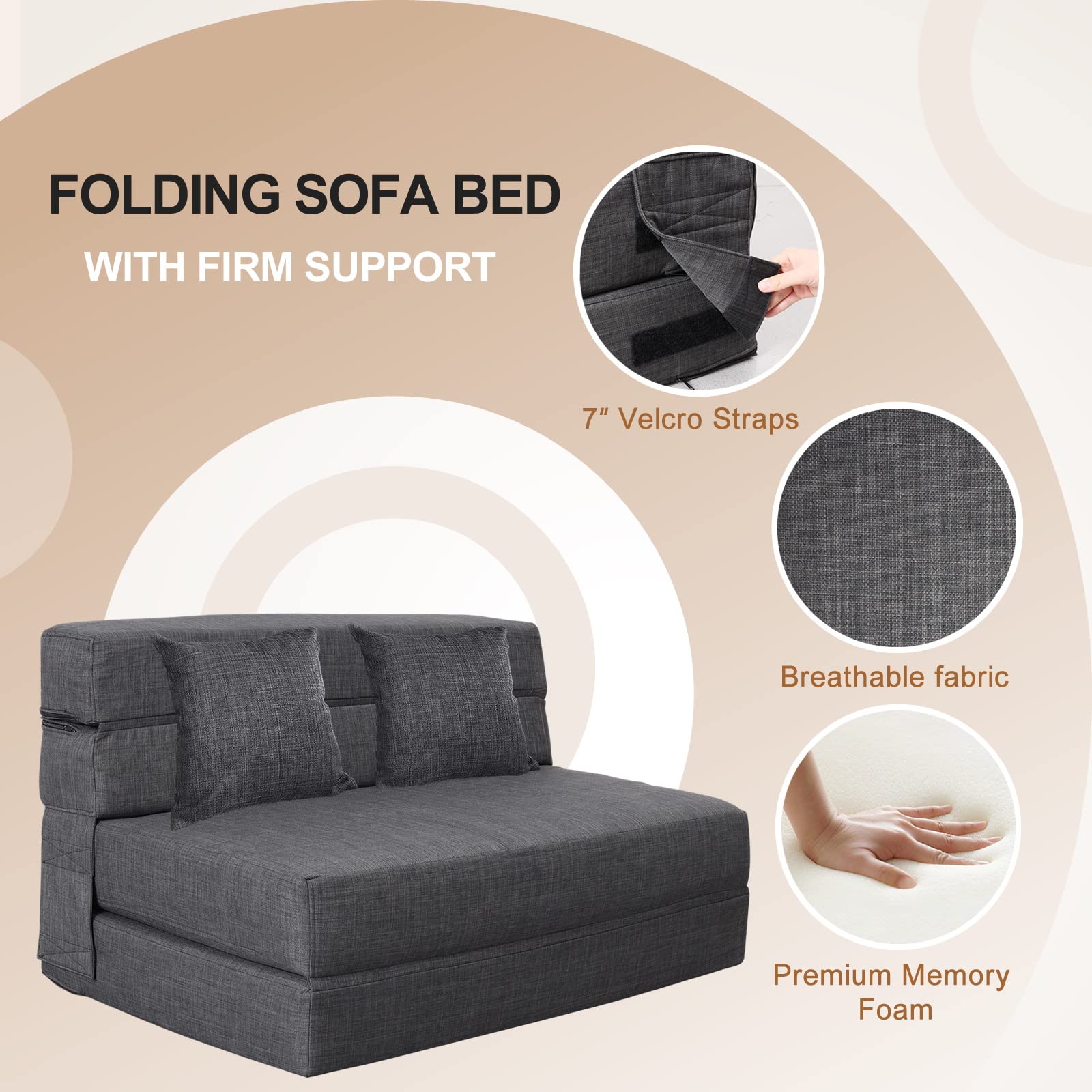 Queen Size Folding Sofa Bed with Memory Foam - 3-in-1 Convertible Sleeper Chair, Futon & Guest Bed - Includes 2 Pillows & Washable Dark Gray Cover - Perfect for Small Spaces, Guest Rooms & Apartments