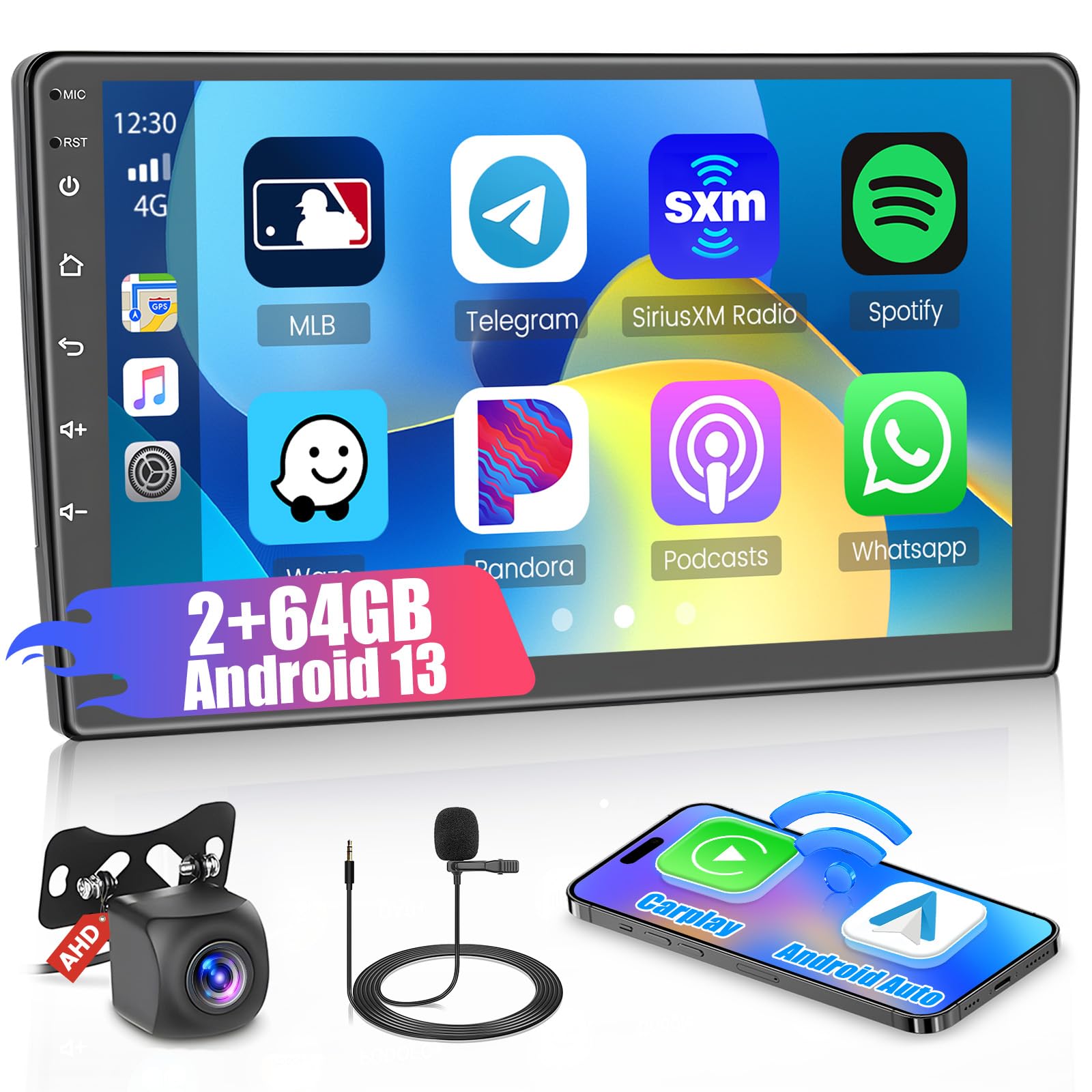 Hikity 10.1 Inch Android 13 Car Stereo with Wireless Apple Carplay & Bluetooth - 2+64GB Double Din Touchscreen GPS Navigation, WiFi, HiFi FM, SWC, Mic & Backup Camera - Perfect for Road Trips & Daily Commuting