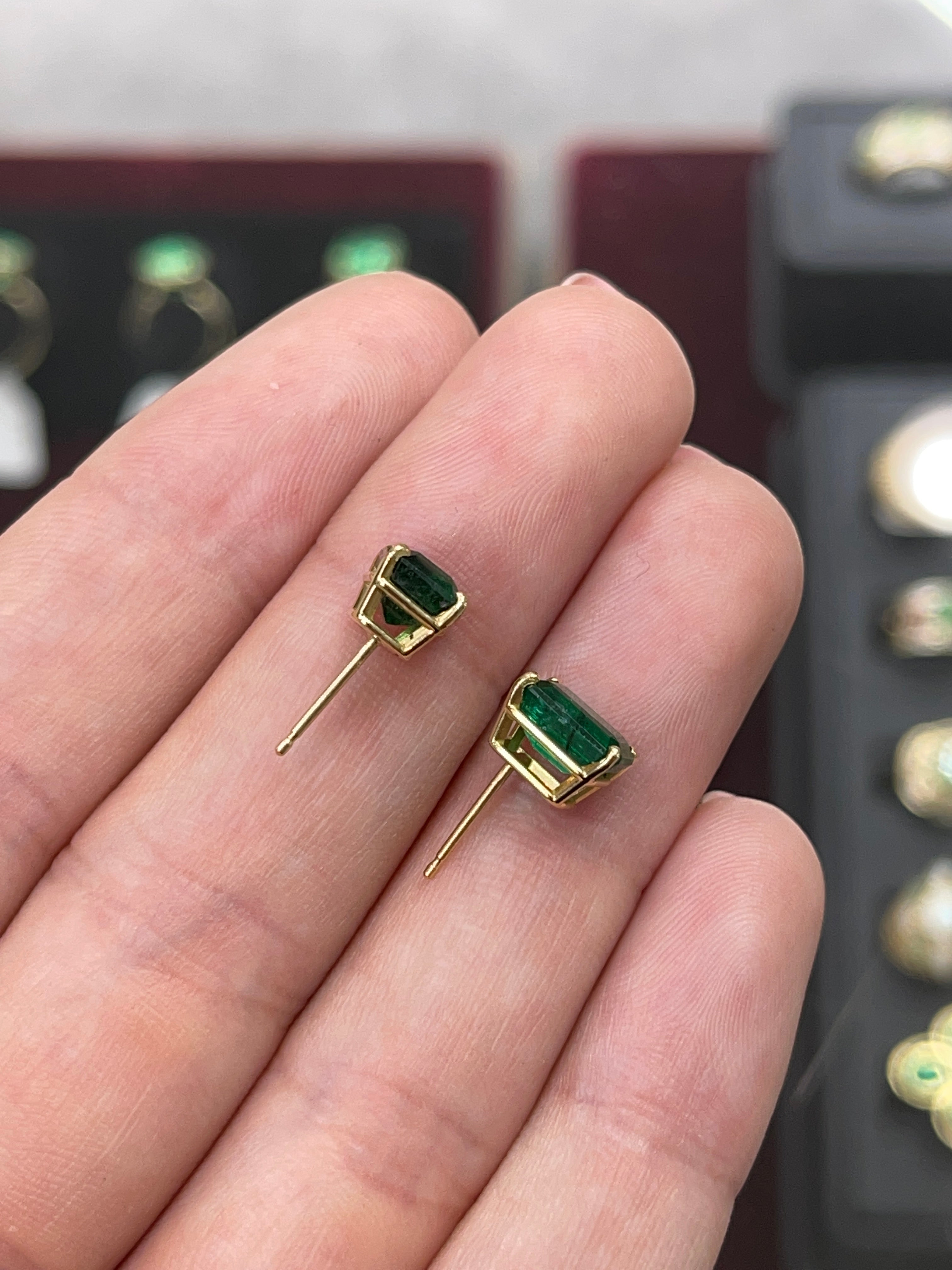 AAA 5.0TCW Vivid Dark Forest Green Emerald Cut Solitaire Stud Earrings in Solid 18K Gold - Perfect for Weddings, Parties & Special Occasions
