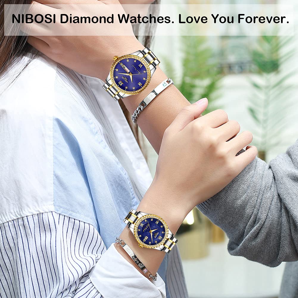 NIBOSI Luxury Diamond Couples Watches - His and Hers Matching Set, Waterproof Quartz Analog Day Date Wristwatch for Husband Wife, Valentine's Wedding Anniversary Gifts, Perfect for Romantic Dates & Special Occasions