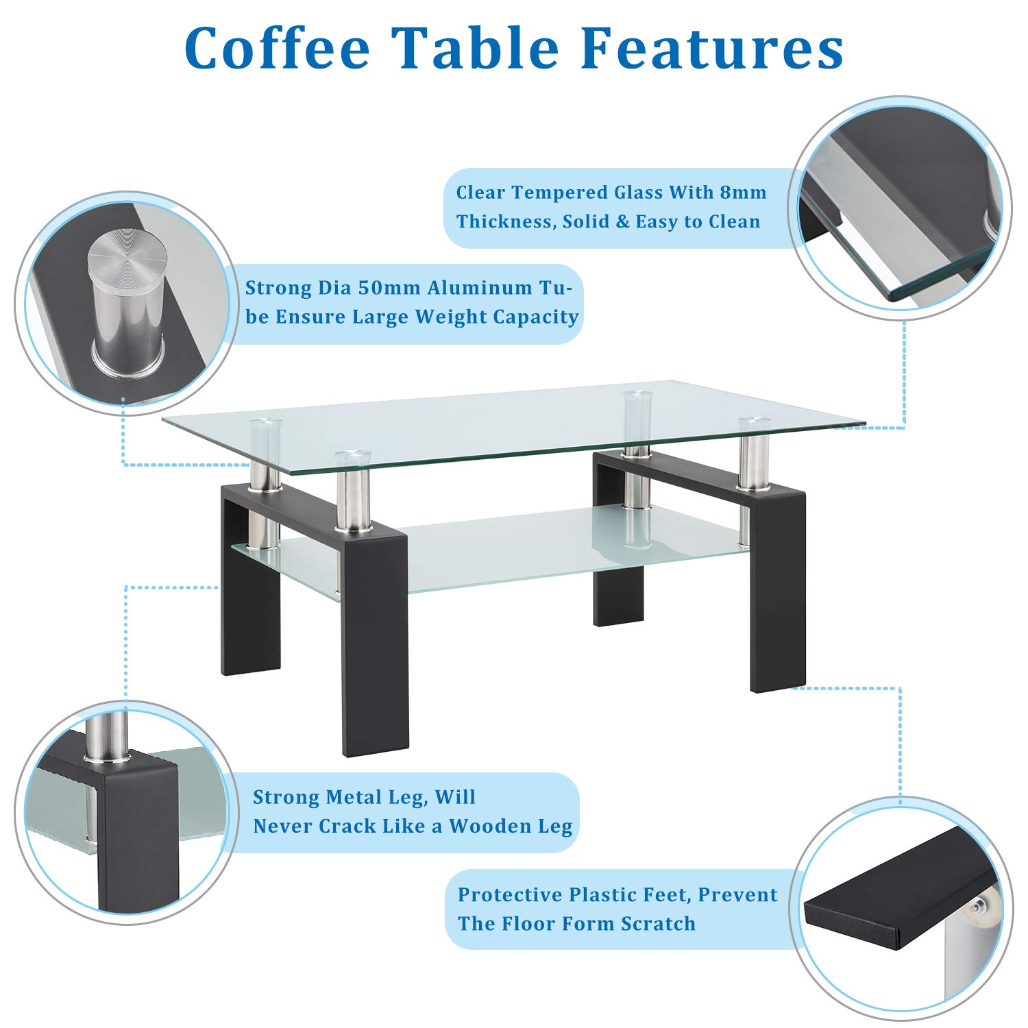 Premium Tempered Glass Coffee Table with Black Metal Legs - Modern Rectangle Center Table for Living Room with Lower Storage Shelf | Stylish & Durable Home Furniture for Small Spaces, Apartments, and Lounge Areas