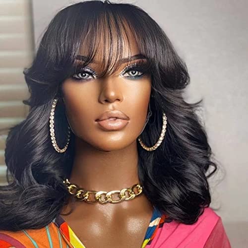 13x4 HD Transparent Lace Front Human Hair Wig - Body Wave 150% Density Short Wavy Wig with Pre-Plucked Bangs & Natural Hairline | Glueless Remy Human Hair Wig 12