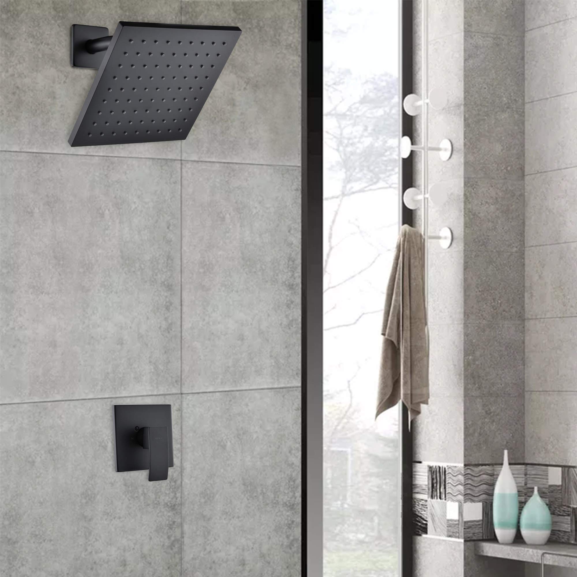 SOKA Matte Black Shower Faucet Set - 8 Inch Rainfall Shower Head with Pressure Balance Valve | Modern Square Shower System for Bathroom | Perfect for Spa-Like Experience & Luxury Home Renovation