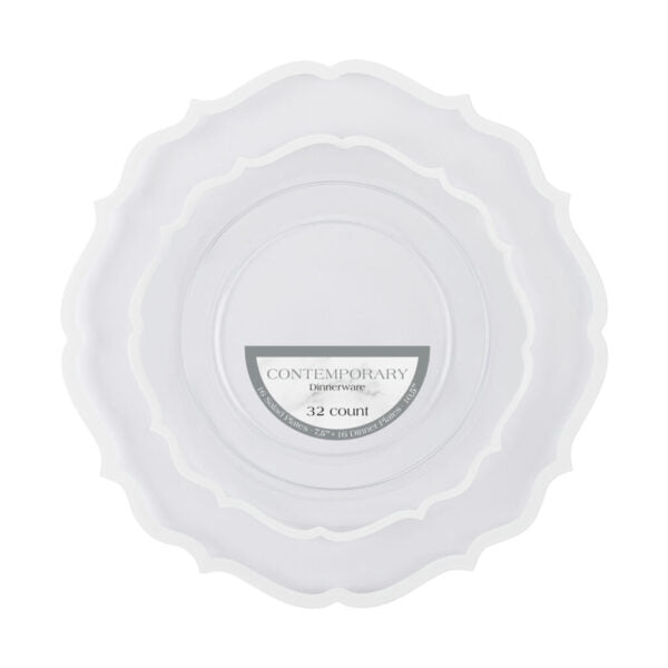32-Piece Clear & White Rim Plastic Dinnerware Set - Shatterproof Disposable Plates, Bowls, Cups & Utensils for 16 Guests - Modern Dinner Party, Picnic, BBQ & Outdoor Dining Essentials