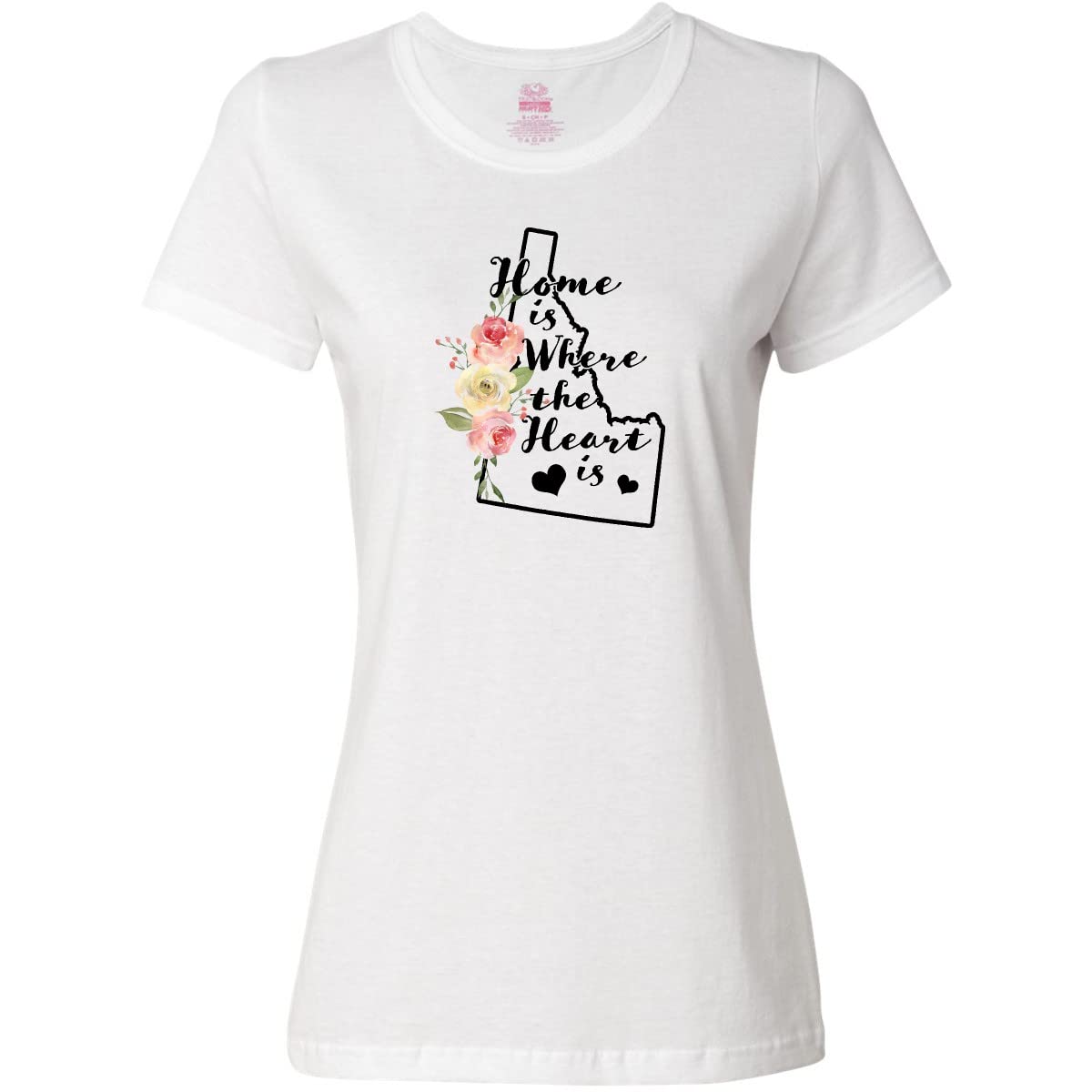Inktastic Idaho Home is Where The Heart is Women's Watercolor Graphic Tee - Soft Cotton Casual T-Shirt for Everyday Wear, Travel & State Pride