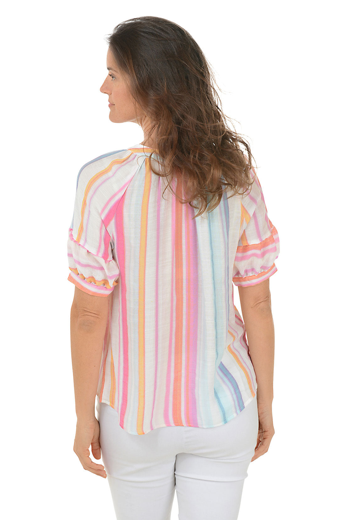 Fuchsia Striped Short Sleeve Blouse for Women - Flowy Casual Summer Top - Perfect for Office, Date Night & Beach Outings