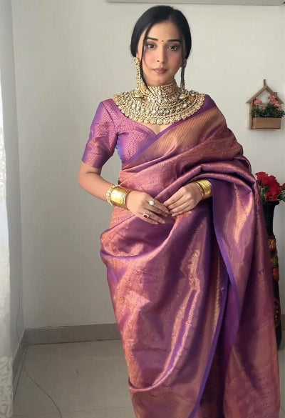 1 Minute Quick Wear Purple Gold Lychee Silk Embroidered Ready-Made Saree with Blouse - Perfect for Weddings, Parties & Festive Occasions