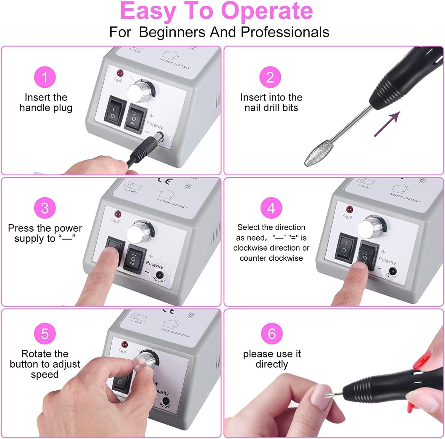 Professional Electric Nail Drill Machine Kit - Low Noise Manicure & Pedicure Tool with Sanding Bands for Acrylic Nails, Gel Polish Removal, Nail Art & Glazing - Perfect for Salon & Home Nail Care (Multicolor)