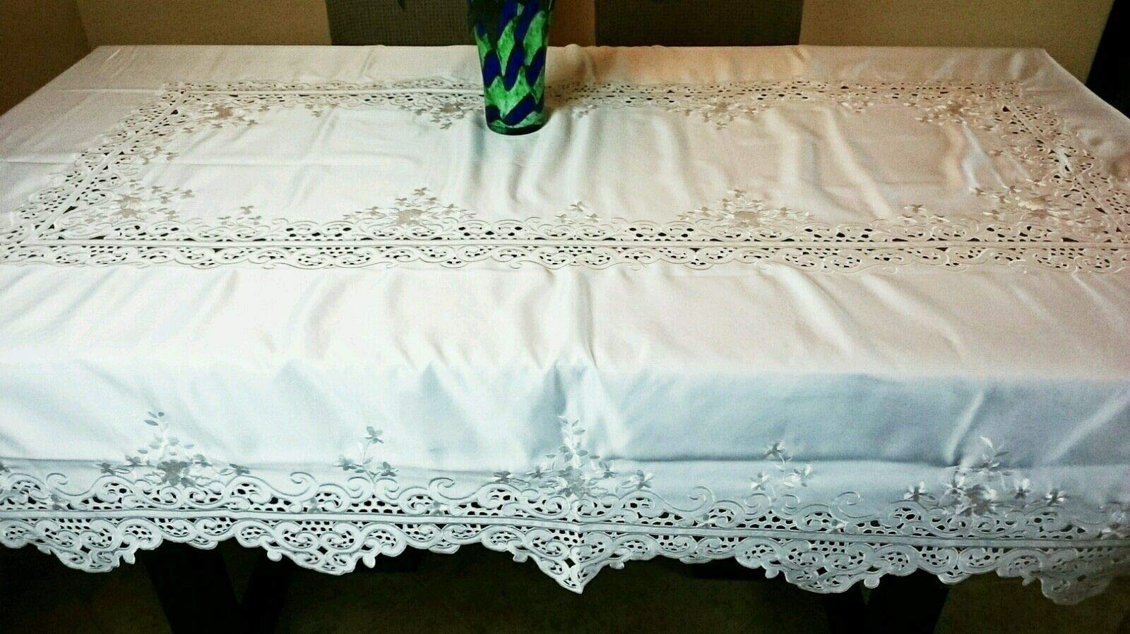 72x144 Inch White Rectangle Cutwork Embroidered Tablecloth Set - Elegant Washable Table Cover for Wedding, Passover & Buffet Parties - Perfect for Dining Table Decor and Special Occasions