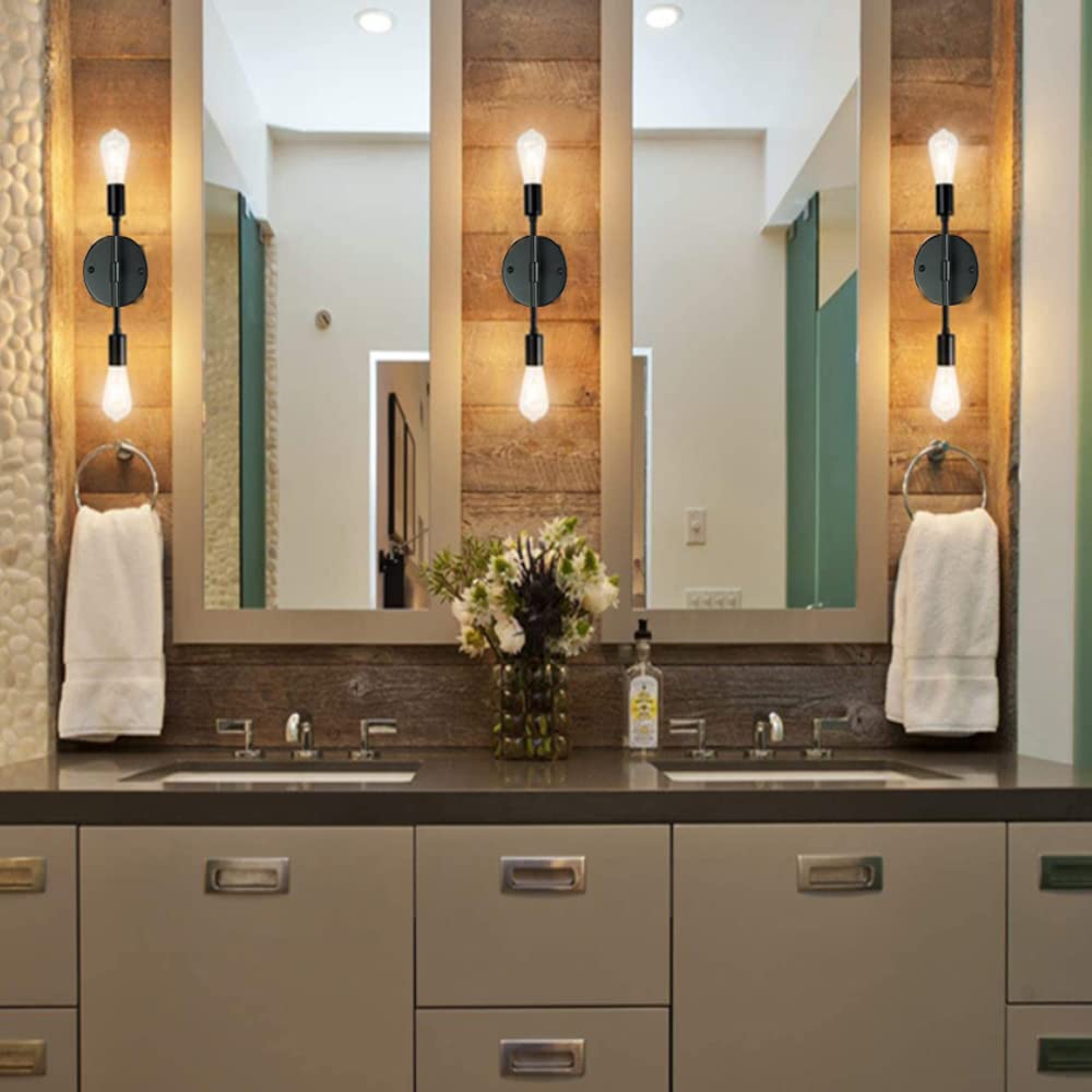 Modern Black Wall Sconce Light - 2 Light Industrial Vanity Fixture with E26 Base - Bathroom, Living Room, Bedroom, Hallway, Entryway & Porch Lighting - Perfect for Ambient & Task Lighting (2 Lights-1pc-Black)