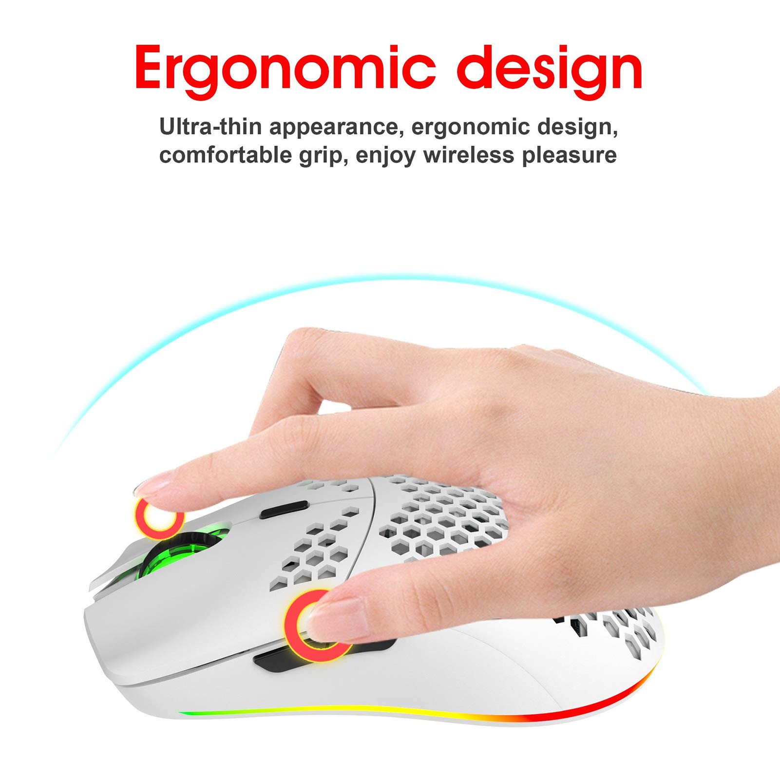 Zunate Wireless Gaming Mouse - 2.4GHz Hollow RGB Mouse with 3600DPI & 6 Programmable Buttons for PC, Laptop, Computer (White) - Perfect for FPS, MOBA Games & Office Work