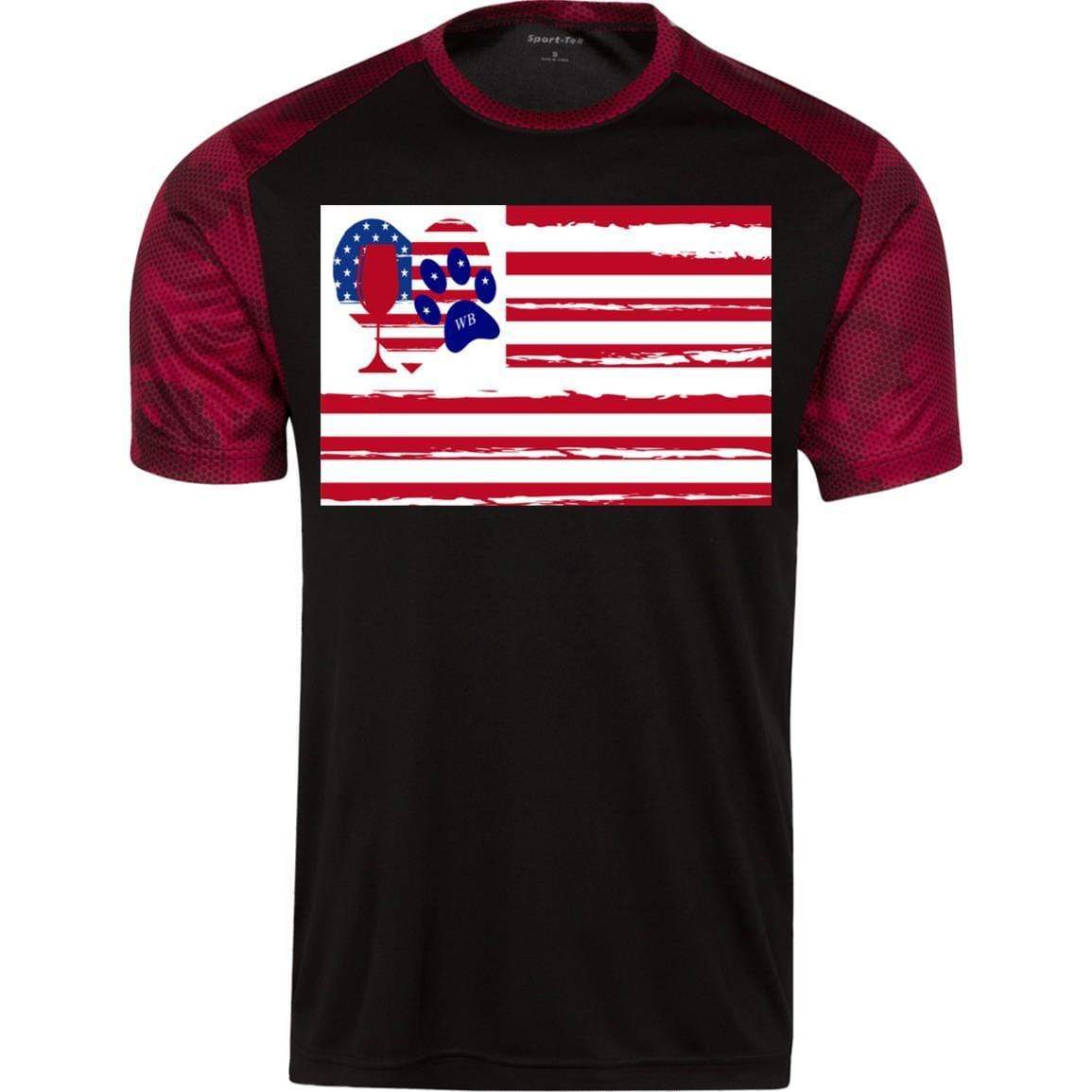 American Flag Wine Paw Heart Camo Hex Colorblock T-Shirt - Patriotic Casual Wear for Women | Perfect for 4th of July, BBQ Parties & Outdoor Events