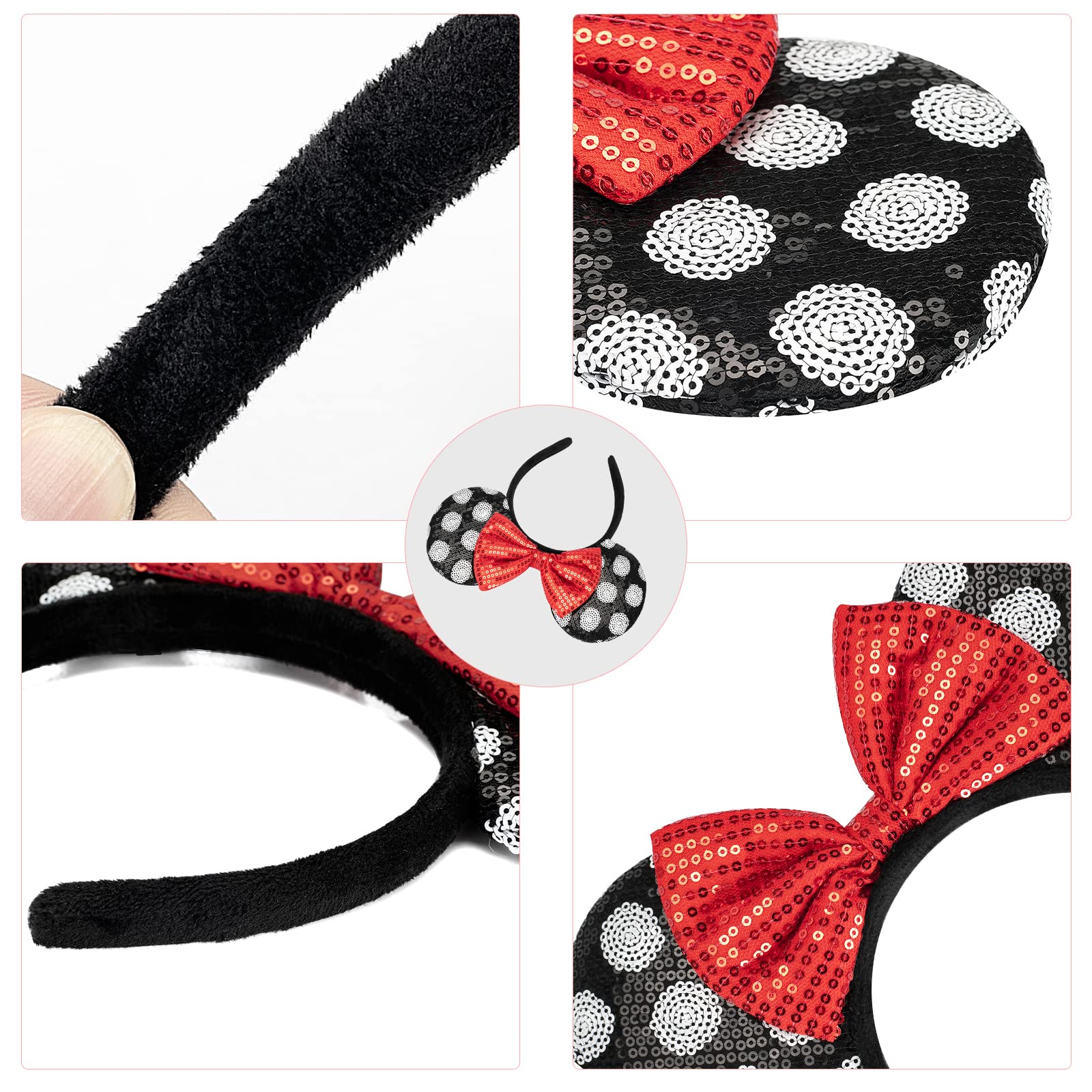 2 PCS Handmade Shiny Red Sequin Bow Mouse Ears Headbands for Women & Girls - Perfect for Disney Costumes, Christmas Parties, Birthday Celebrations & Cosplay Events