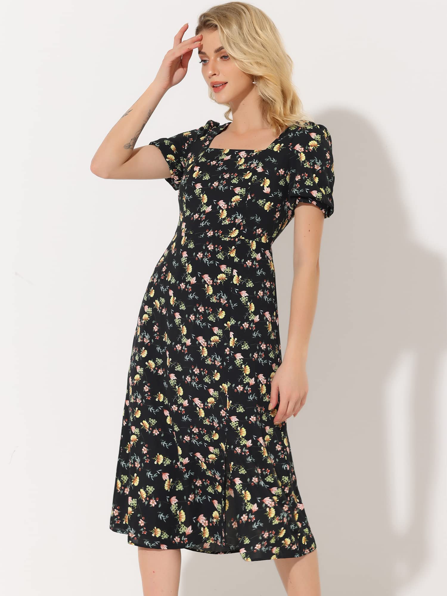 Allegra K Women's Summer Floral Print Square Neck Puff Sleeve Midi Dress with Side Slit - Casual Beach Wear, Garden Party & Date Night Outfit