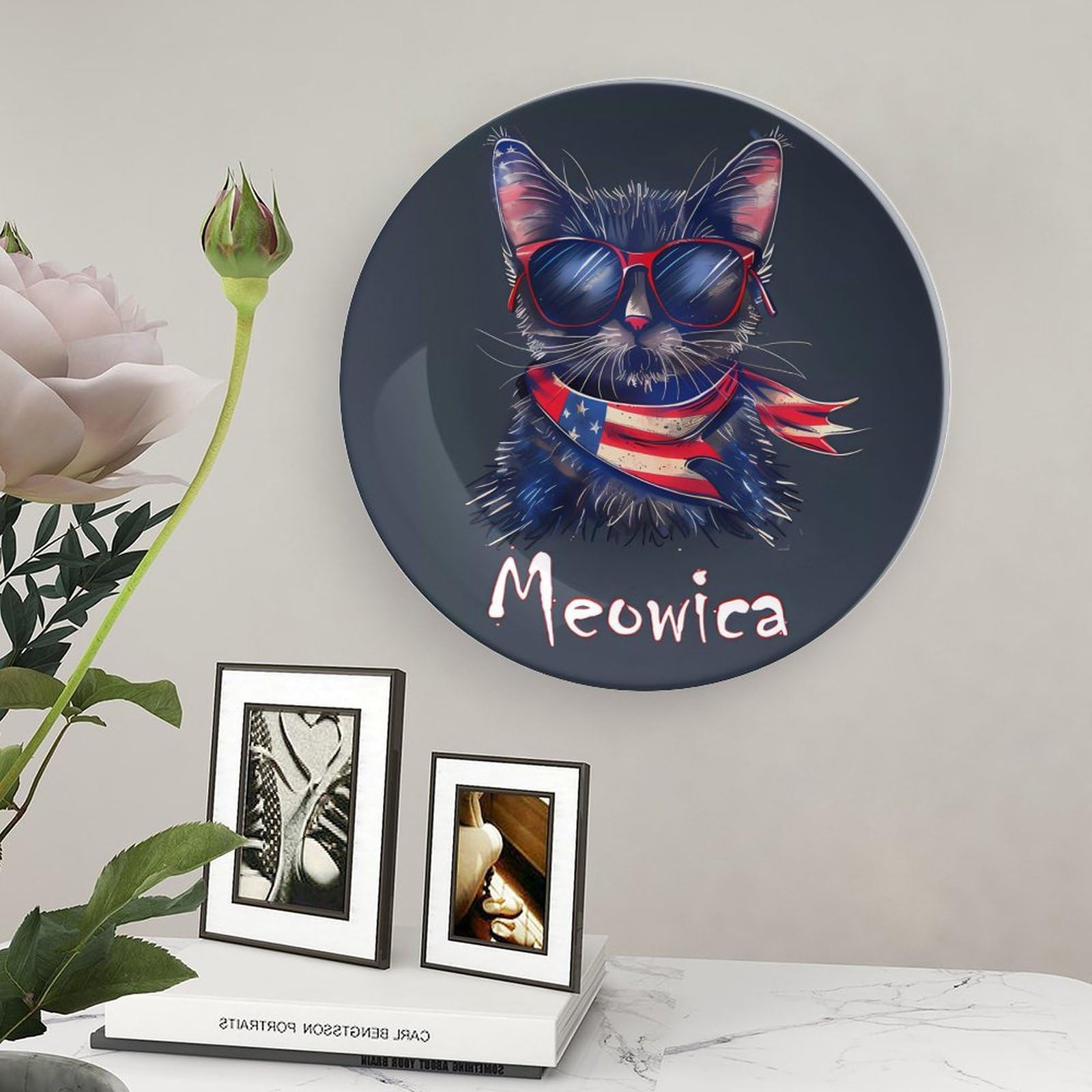 Meowica Patriotic Cat 4th of July Ceramic Decorative Plates - American Flag Themed Display Ornaments & Dinner Plates with Stand for Kitchen, Home Decor - Perfect for Independence Day Celebrations, Party Table Settings & Patriotic Home Decorations