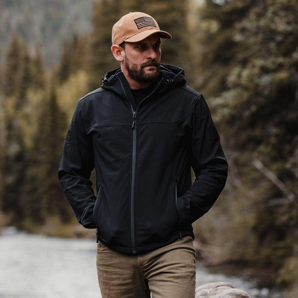 Men's Soft Shell Hoodie - Lightweight Waterproof Windbreaker Jacket for Outdoor Activities & Hiking - Black