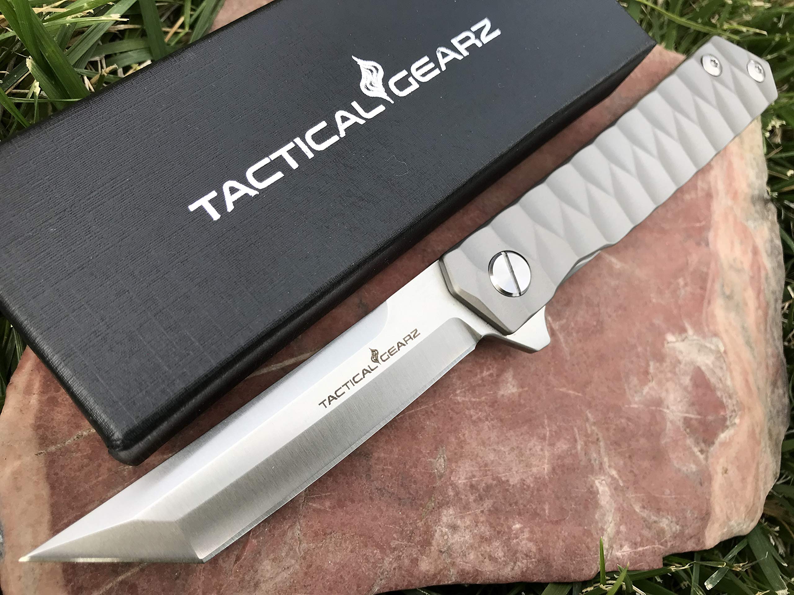 TACTICAL GEARZ Titanium EDC Pocket Folding Knife - Premium Tc4 Titanium Handle & CPM-D2 Steel Tanto Blade with Sheath - Perfect for Outdoor Survival, Camping, Hiking and Everyday Carry (Saint T)
