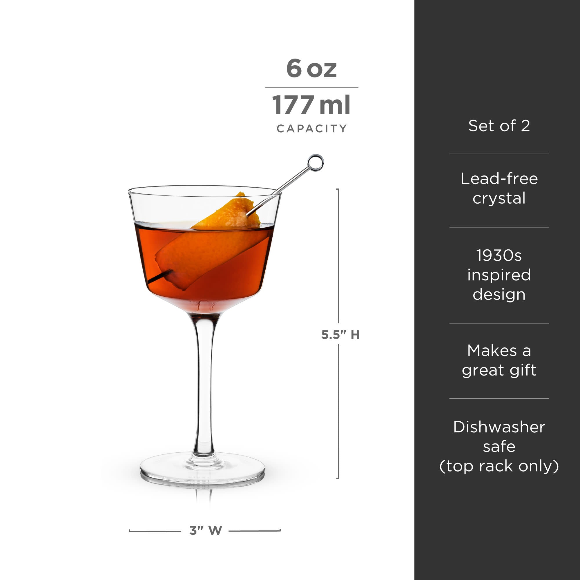 Raye Angled Crystal Nick & Nora Glasses - Set of 2 Elegant Cocktail Glasses for Martini, Whiskey & Champagne - Perfect for Parties, Weddings & Home Bar Decor