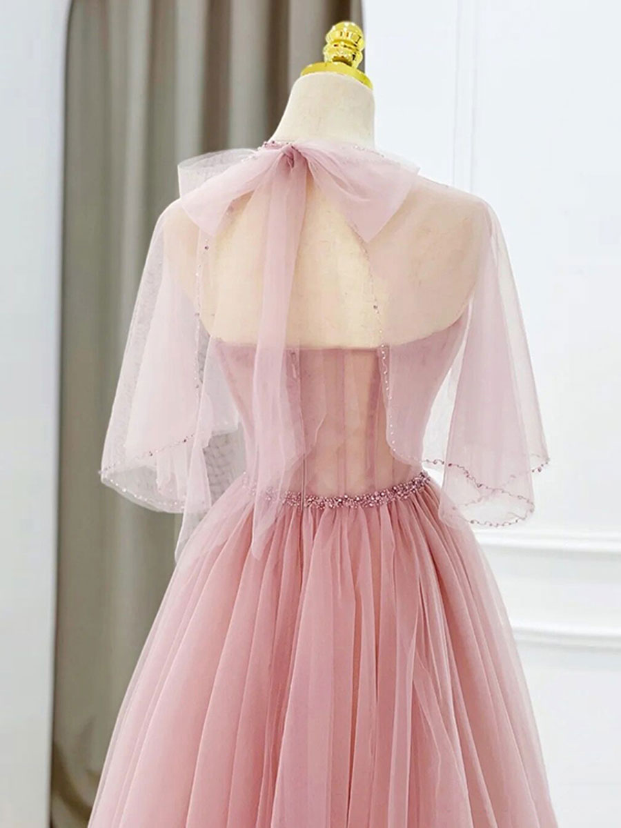 Elegant Pink Tulle Tea Length Prom Dress for Women - Formal Evening Gown for Homecoming, Quinceañera & Special Occasions
