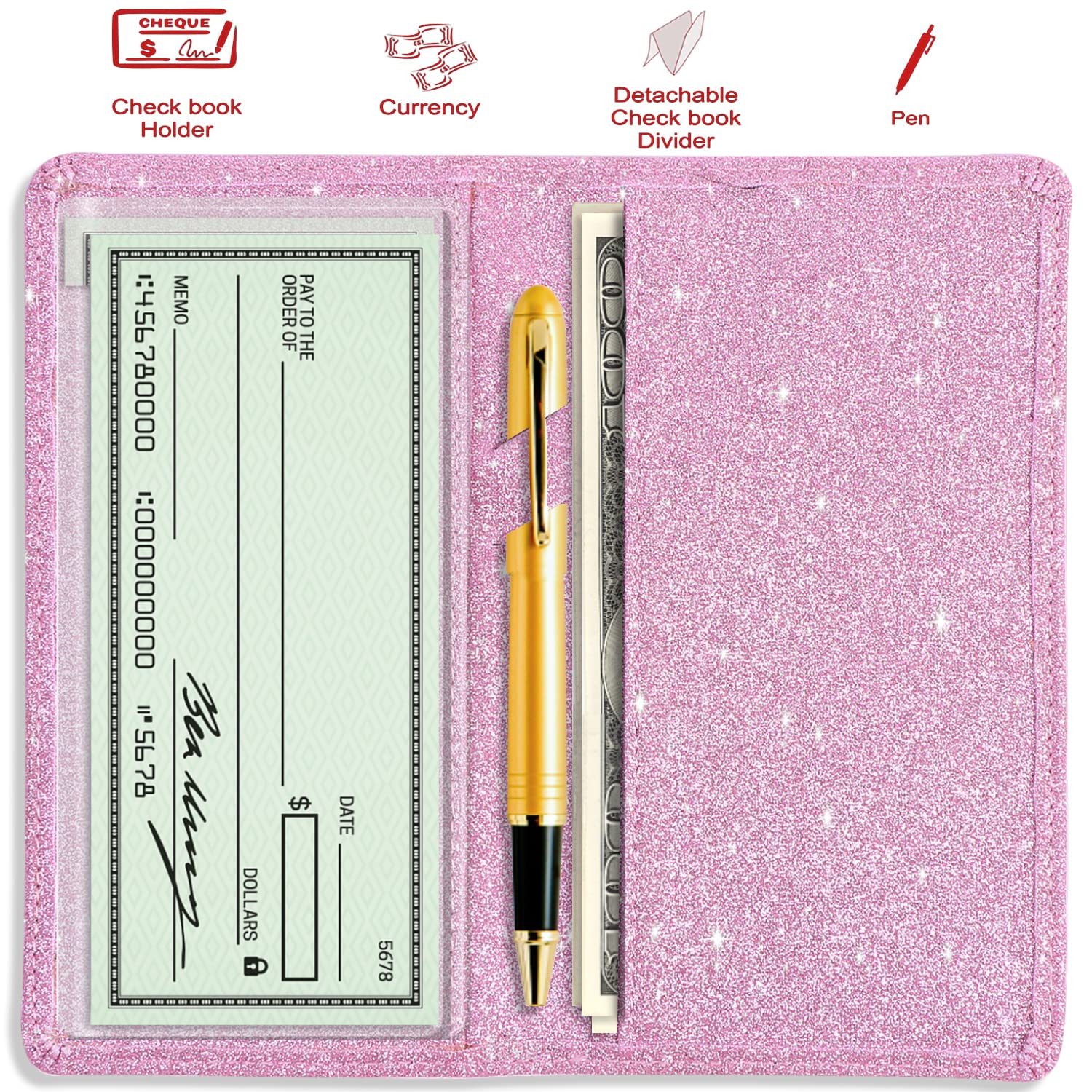 Sanlykate RFID Blocking PU Leather Checkbook Cover for Women - Sparkly Glitter Design with Pen Holder & Free Divider, Pink | Perfect for Gift Giving, Office Use & Financial Organization