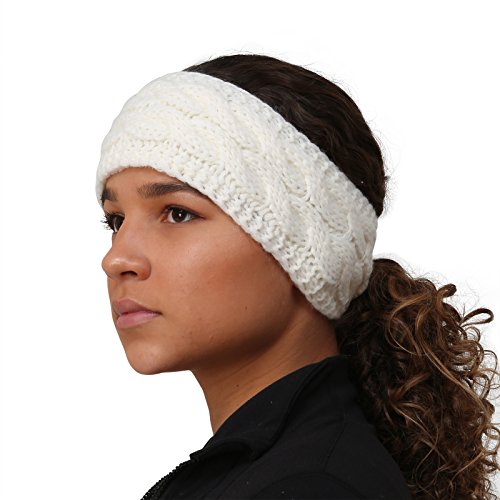 TrailHeads Women's Cable Knit Ponytail Headband - Fleece Winter Ear Warmer Headband for Running, Hiking & Outdoor Activities - Wintry White