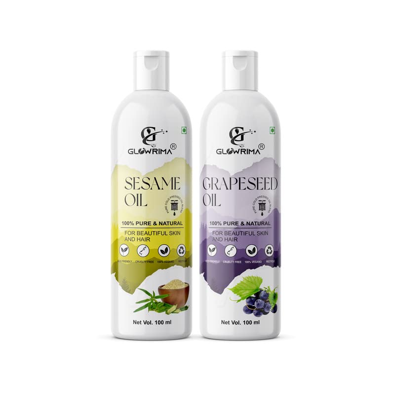 Glowrima 100% Pure Sesame Oil & Grapeseed Oil Combo (100ML Each) - Natural Hair Growth Treatment for Anti Hair Fall, Split Ends Repair & Shiny Soft Hair - Perfect for Daily Hair Care & Scalp Massage (Pack of 2)