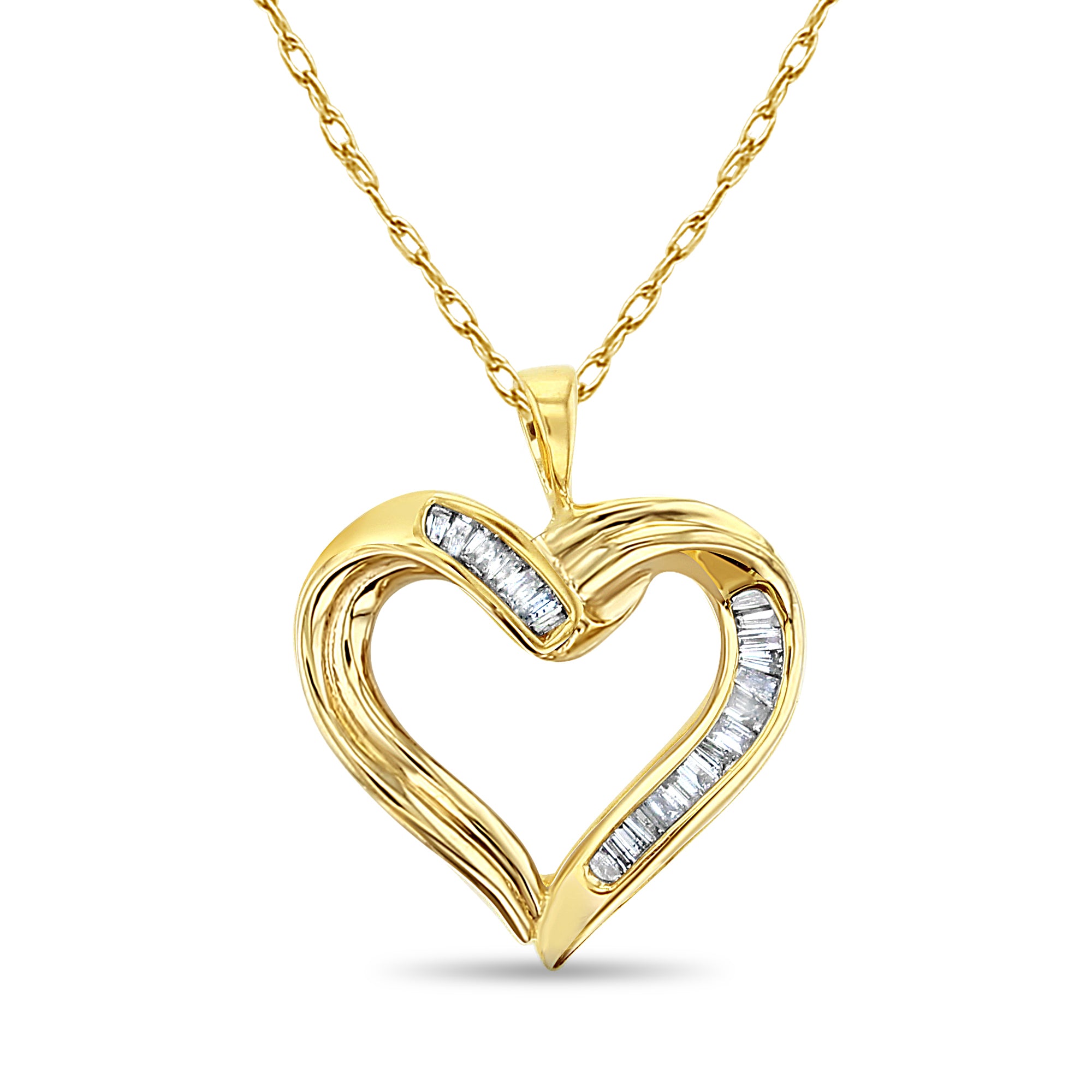 14K Yellow Gold Baguette Heart Shaped Diamond Necklace - Elegant Valentine's Gift for Her, Anniversary Jewelry, Romantic Proposal Present