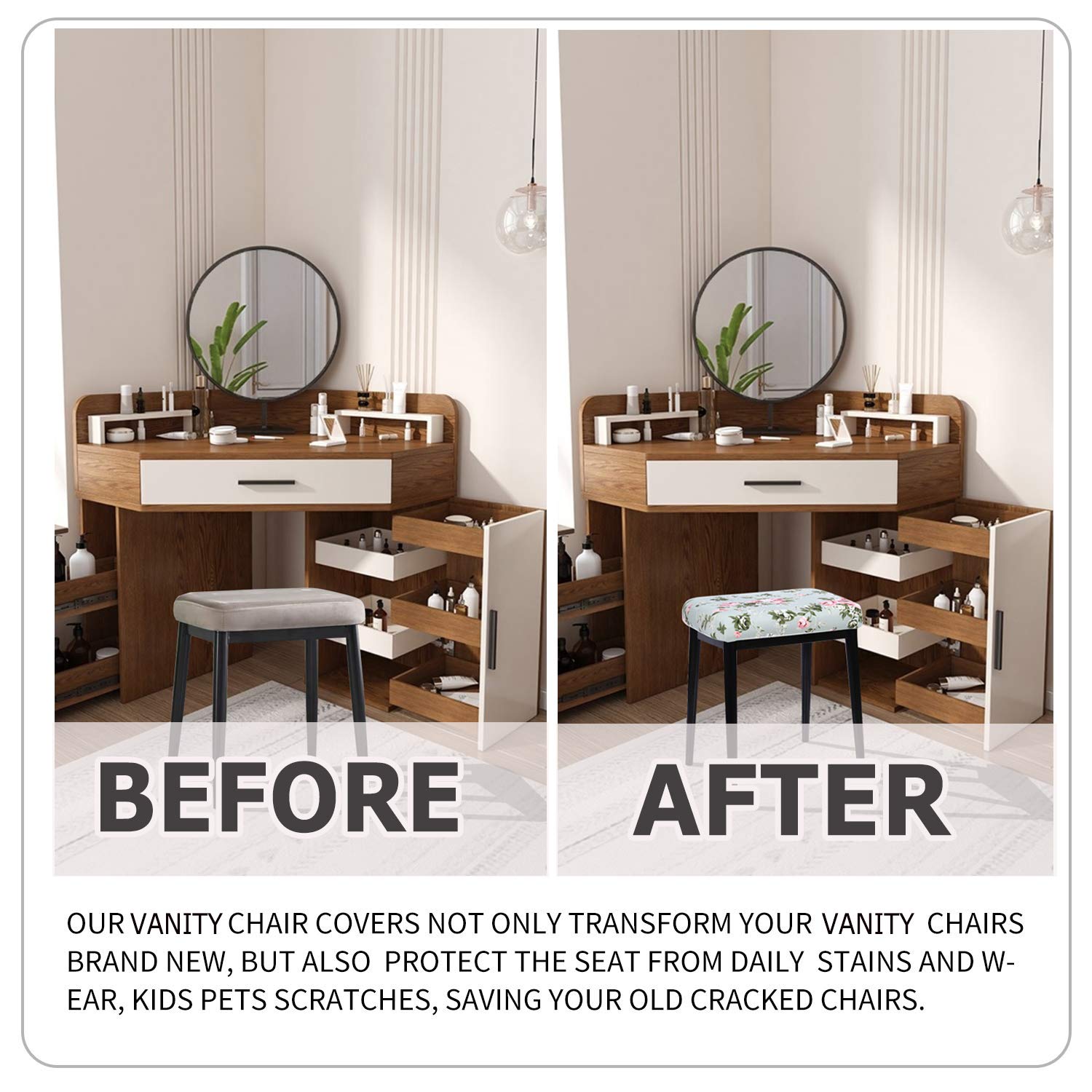 Deisy Dee Vanity Stool Cover - Square Foot Stool Seat Cushion Cover Set of 2 - Soft Dressing Chair Covers for Bedroom, Bathroom & Makeup Area - Washable & Stylish Home Decor Accessories