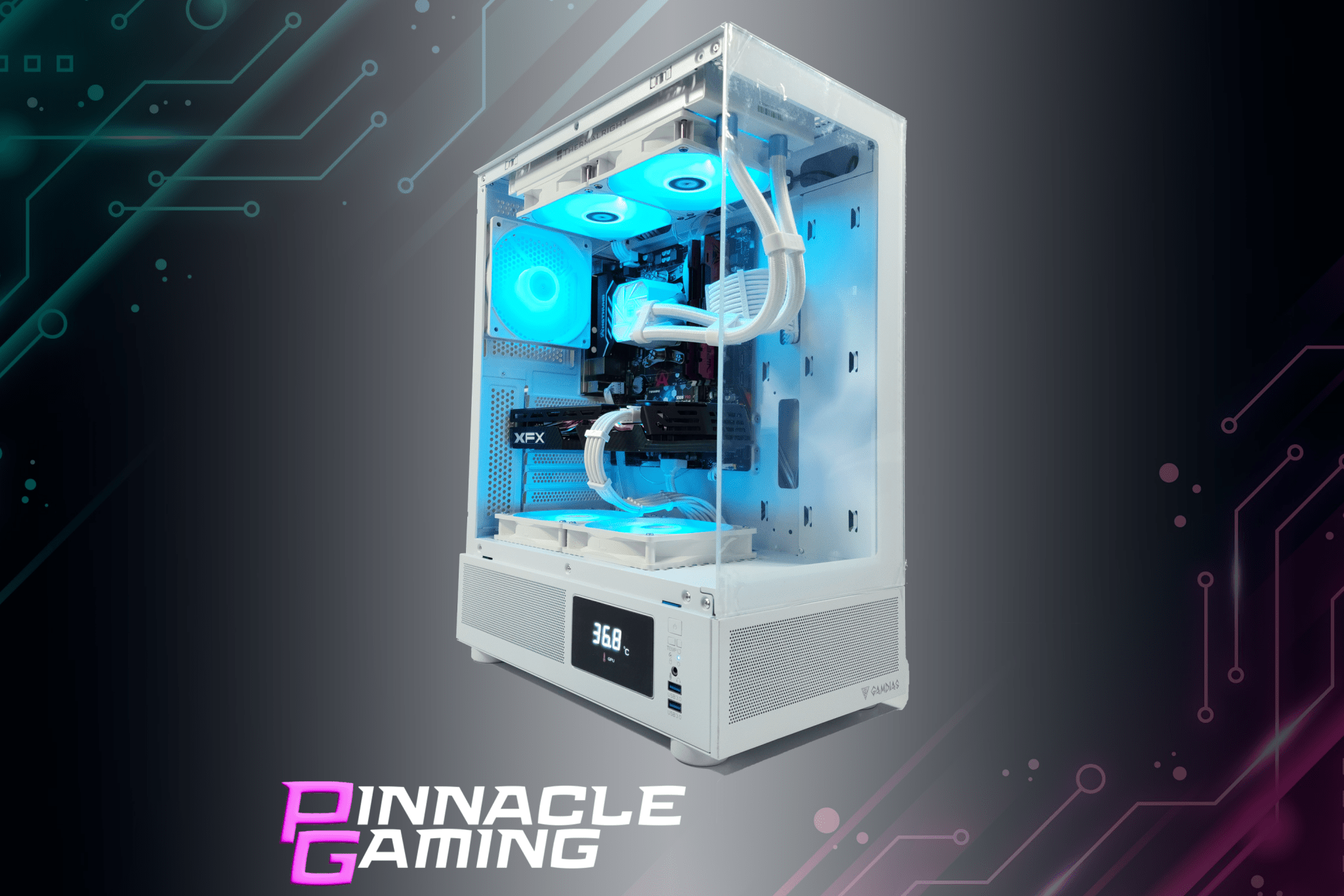Custom Gaming PC with Water Cooling - AMD Ryzen 7, Intel ARC A580 GPU, 500GB SSD, 8GB DDR4 RAM, White Case - Perfect for 4K Gaming & Streaming