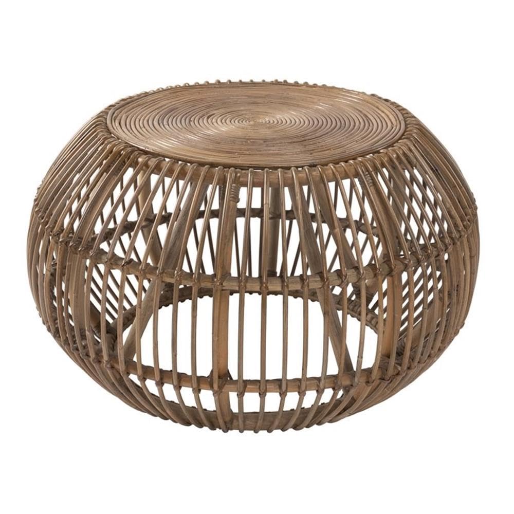 Modern Round Wicker Coffee Table - Handwoven Rattan Subalio Design with Plastic Foot Pads, Espresso Finish - Perfect for Sunroom, Living Room, Patio & Boho Home Decor