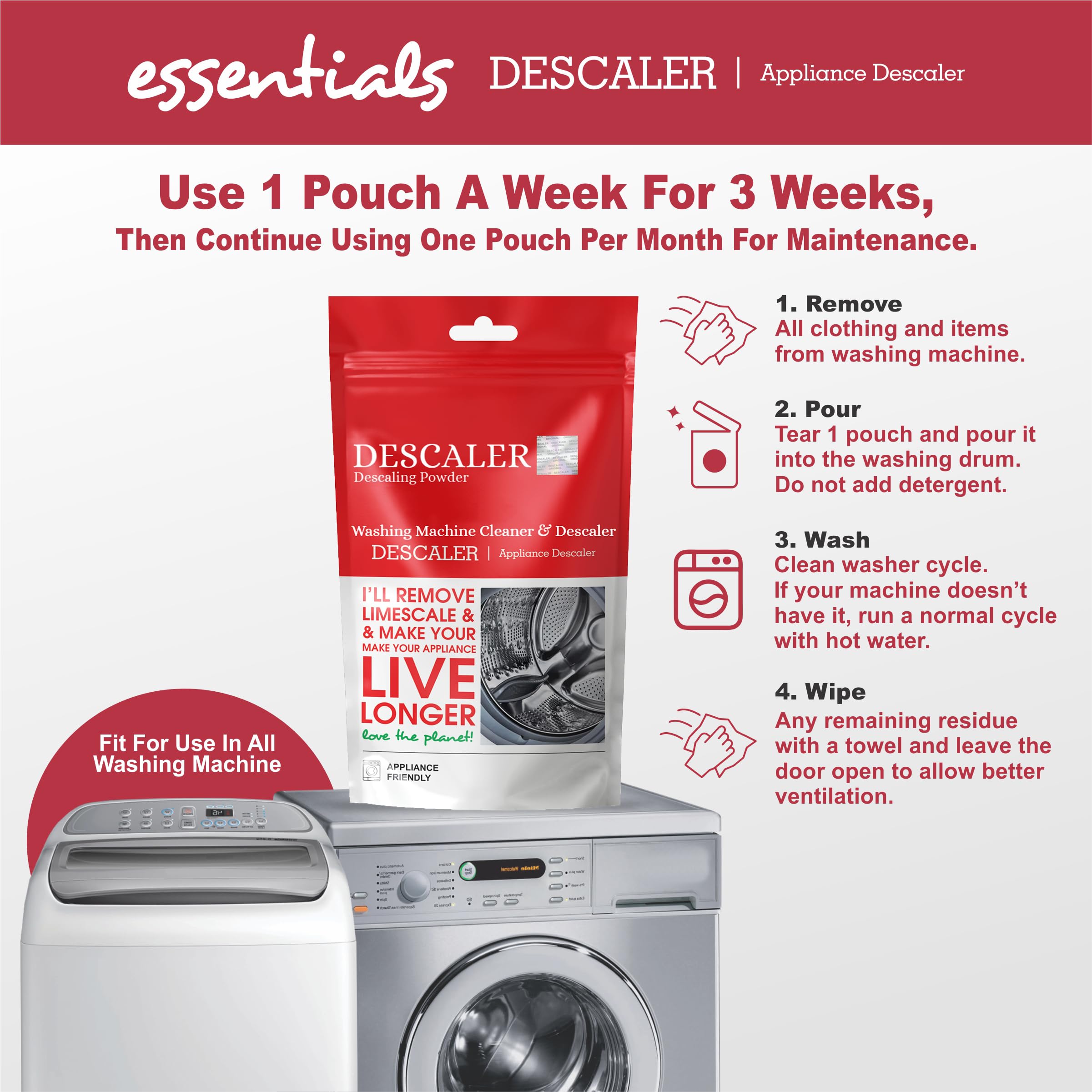 Deetto Washing Machine Cleaner & Descaler Powder - 100g (Pack of 4) - Removes Odor, Limescale & Mold for Front Load & Top Load Washers - Perfect for Laundry Maintenance & Deep Cleaning