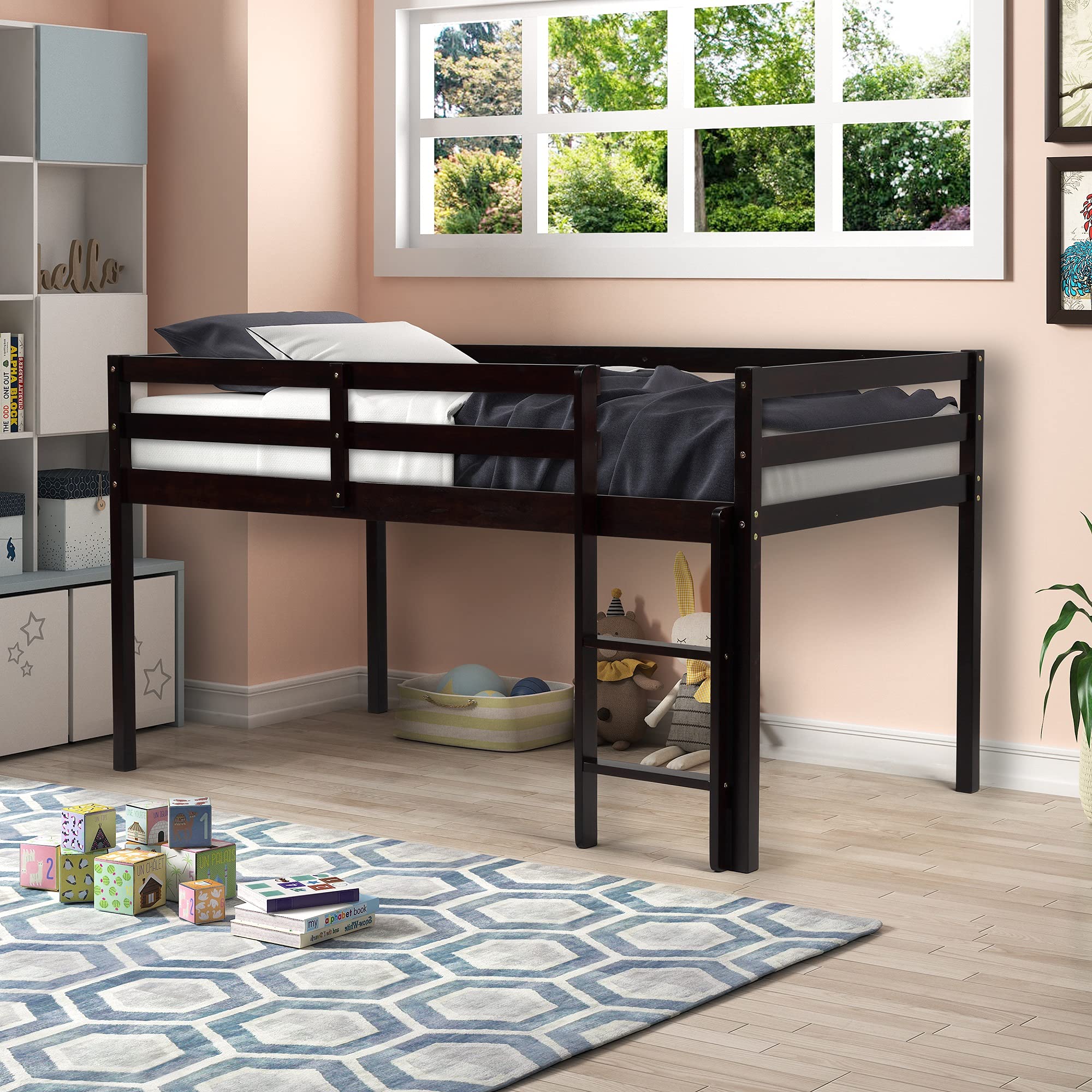 Twin Size Wood Loft Bed with Ladder - Low Bunk Bed for Teens, Kids, Boys & Girls - Sturdy Espresso Bedroom Furniture - Perfect for Small Spaces, Dorm Rooms & Shared Kids' Bedrooms