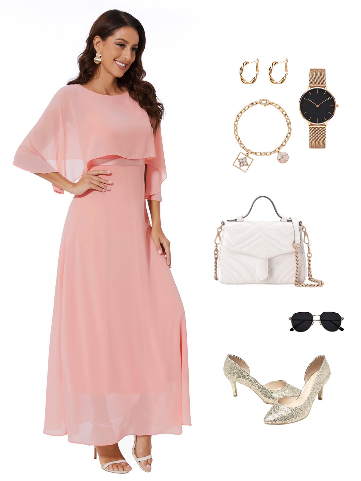 Elegant Women's Sleeveless Cape Dress with Chiffon Overlay & Lace Details - Wedding Guest, Cocktail Party Gown - Perfect for Formal Events, Evening Parties & Special Occasions