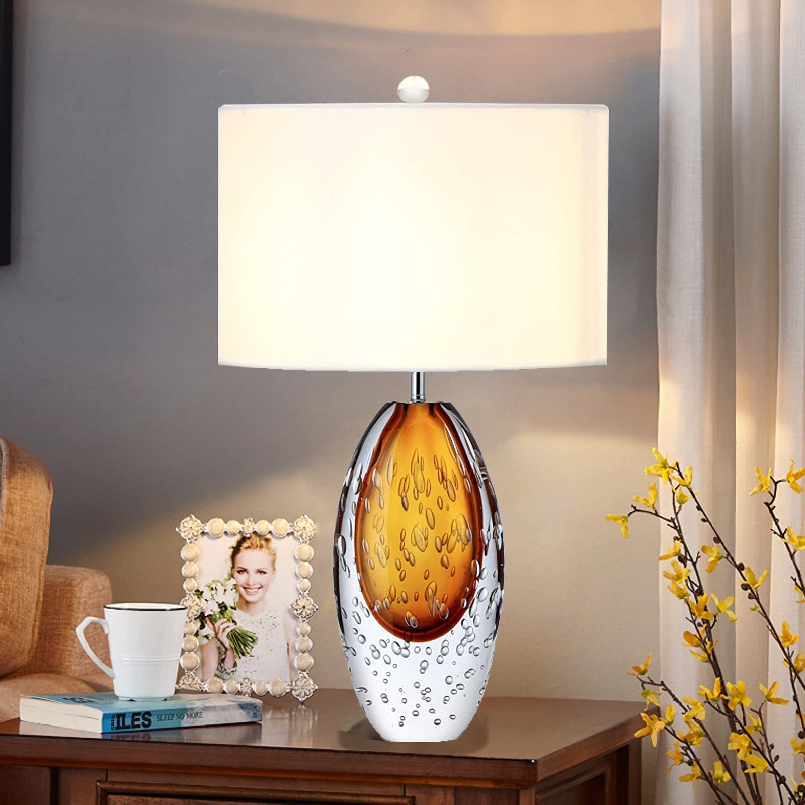 Modern Glass Table Lamp with Bubble Design - White Fabric Lampshade & Glass Base - Perfect for Bedroom Nightstand, Living Room, Home Office & House Decor - Small Creative Decorative Lighting for Cozy Ambience