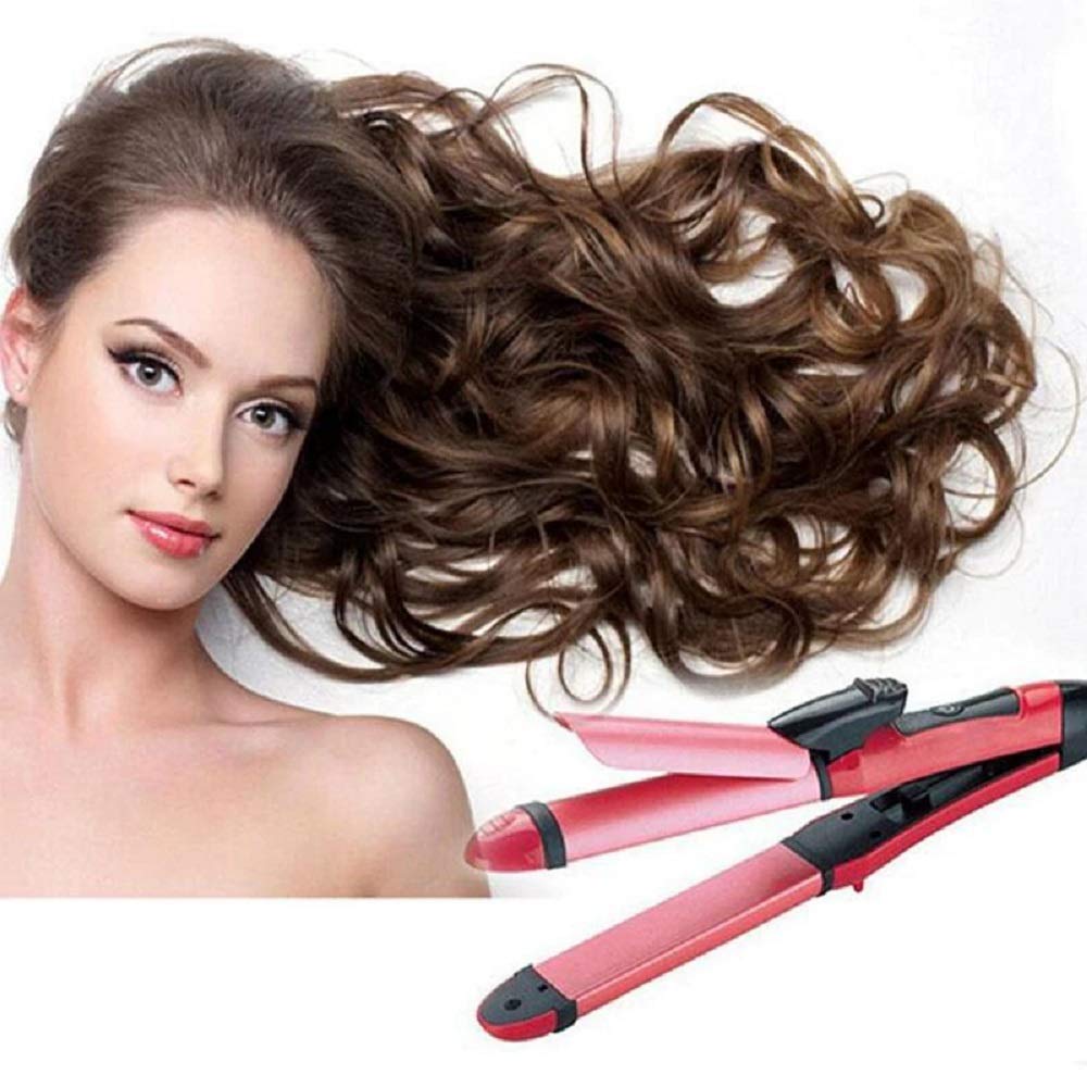RD MALL 2 in 1 Hair Straightener & Curling Iron for Women - Ceramic Plates Hair Styler with Adjustable Temperature (Pink) | Perfect for Home Use, Travel & Salon Styling