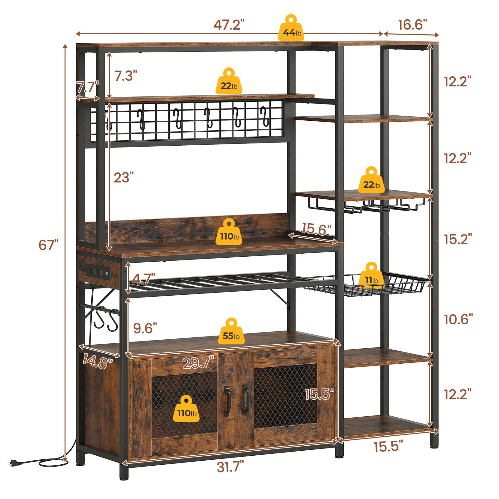 Rustic Brown Bakers Rack with Power Outlet - 47.2 Inch Microwave Stand with Storage Shelves, Coffee Bar Cabinet, Kitchen Pantry Hutch - Includes Side Hooks, Wine Rack & Goblet Holder - Perfect for Kitchen Organization, Coffee Station or Dining Room Storage (Medium Size)