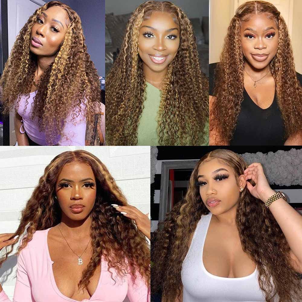 13x4 Transparent Lace Front Human Hair Wig - 28 Inch Ombre Honey Blonde to Brown Deep Curly Brazilian Virgin Hair - Pre Plucked 150 Density Lace Front Wig for Black Women | Perfect for Daily Wear, Parties & Special Occasions
