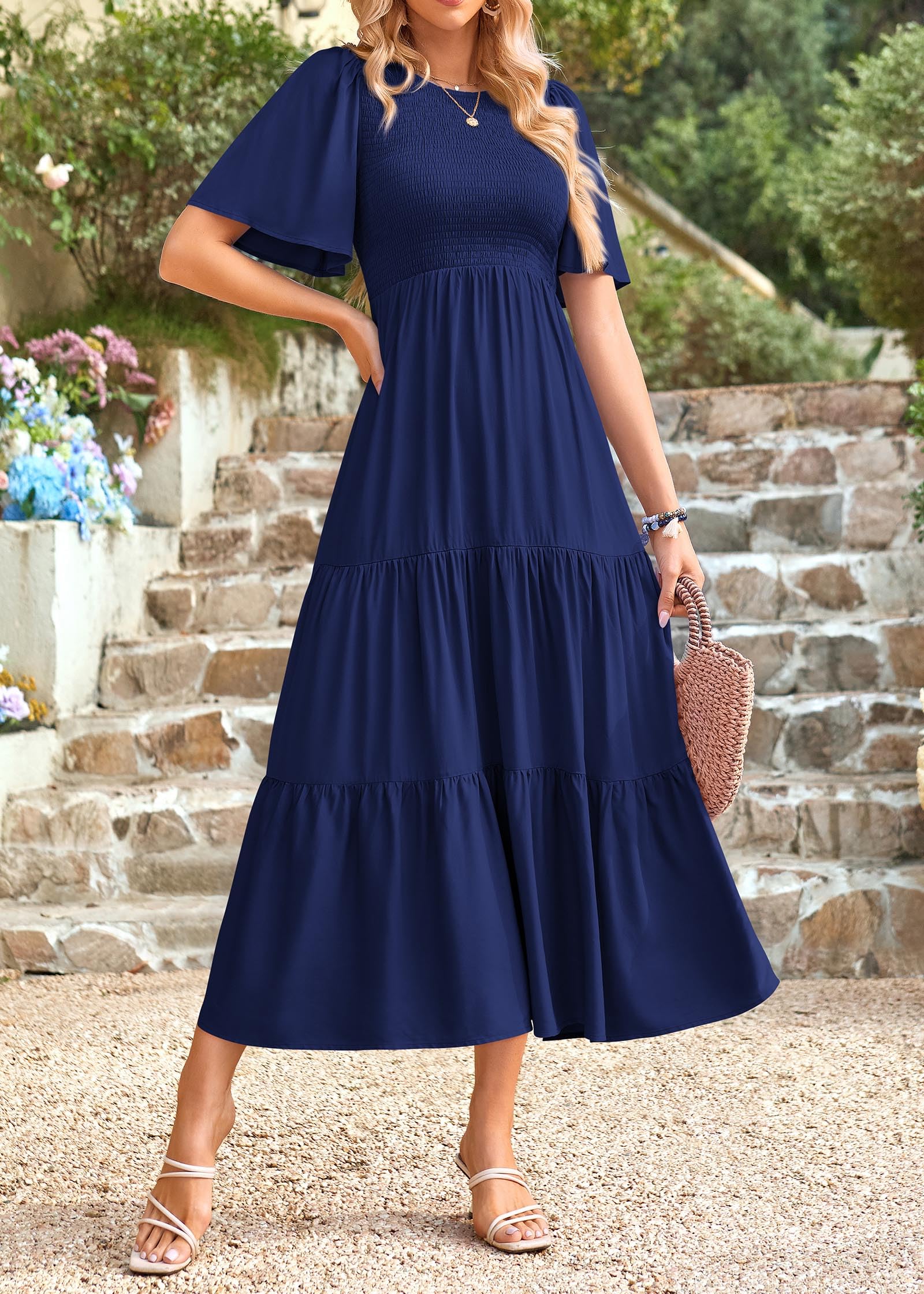 KIRUNDO Women's Flutter Sleeve Smocked Tiered A-Line Midi Dress - Casual Summer Dress for Spring/Summer 2025 - Perfect for Beach Vacations, Date Nights & Outdoor Parties