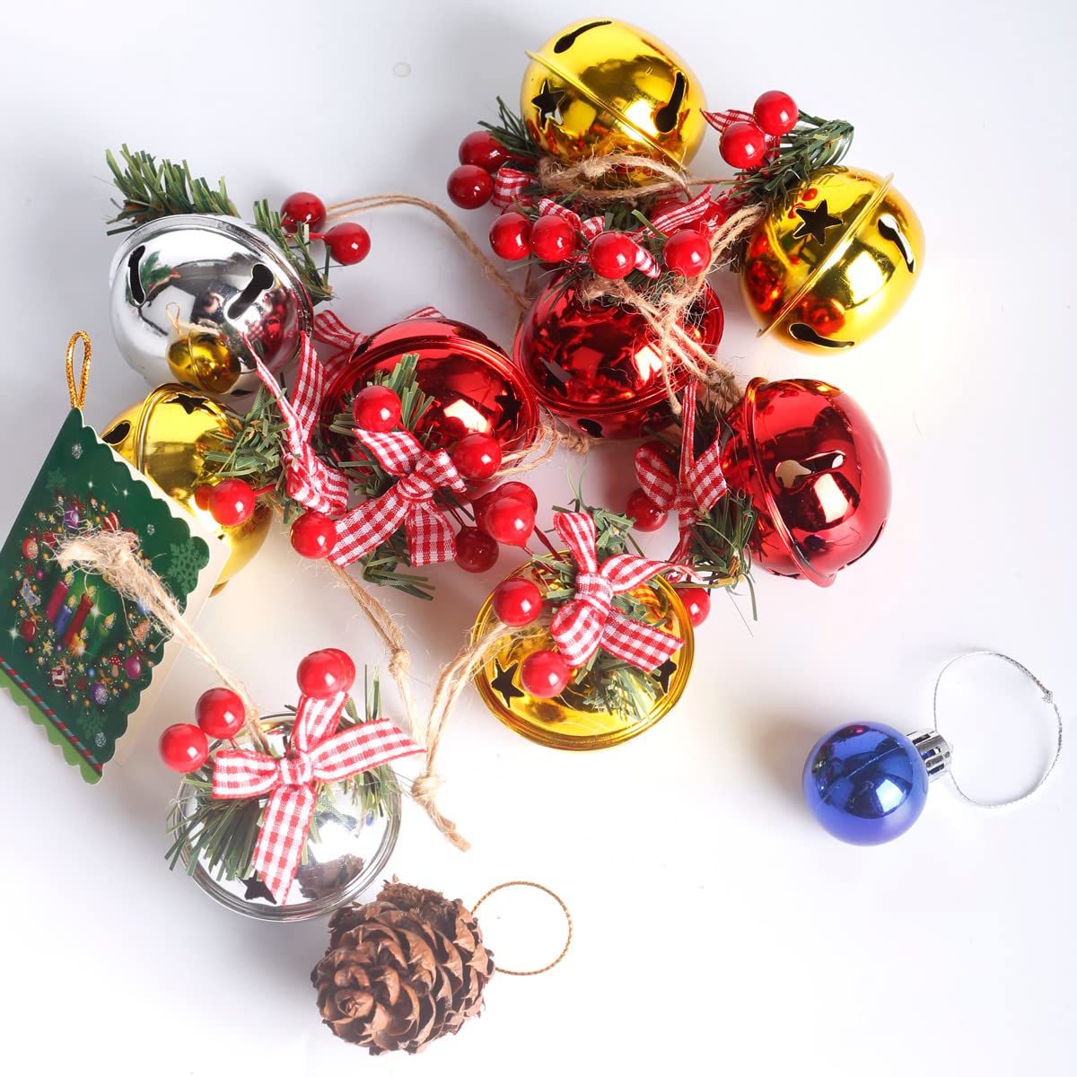 18 Pcs 5CM Red Christmas Tree Bells with Pine Needle Berry Bows - Festive Holiday Decorations for Xmas Tree, Home, Office & Party Decor