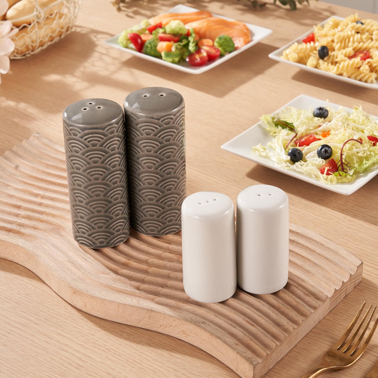 Premium Ceramic Salt and Pepper Shakers Set - 4 Piece Farmhouse Kitchen Essentials, Elegant White Tableware for Cooking, Dining & Home Decor | Ideal for Kitchen, Restaurant, Camping & BBQ Parties