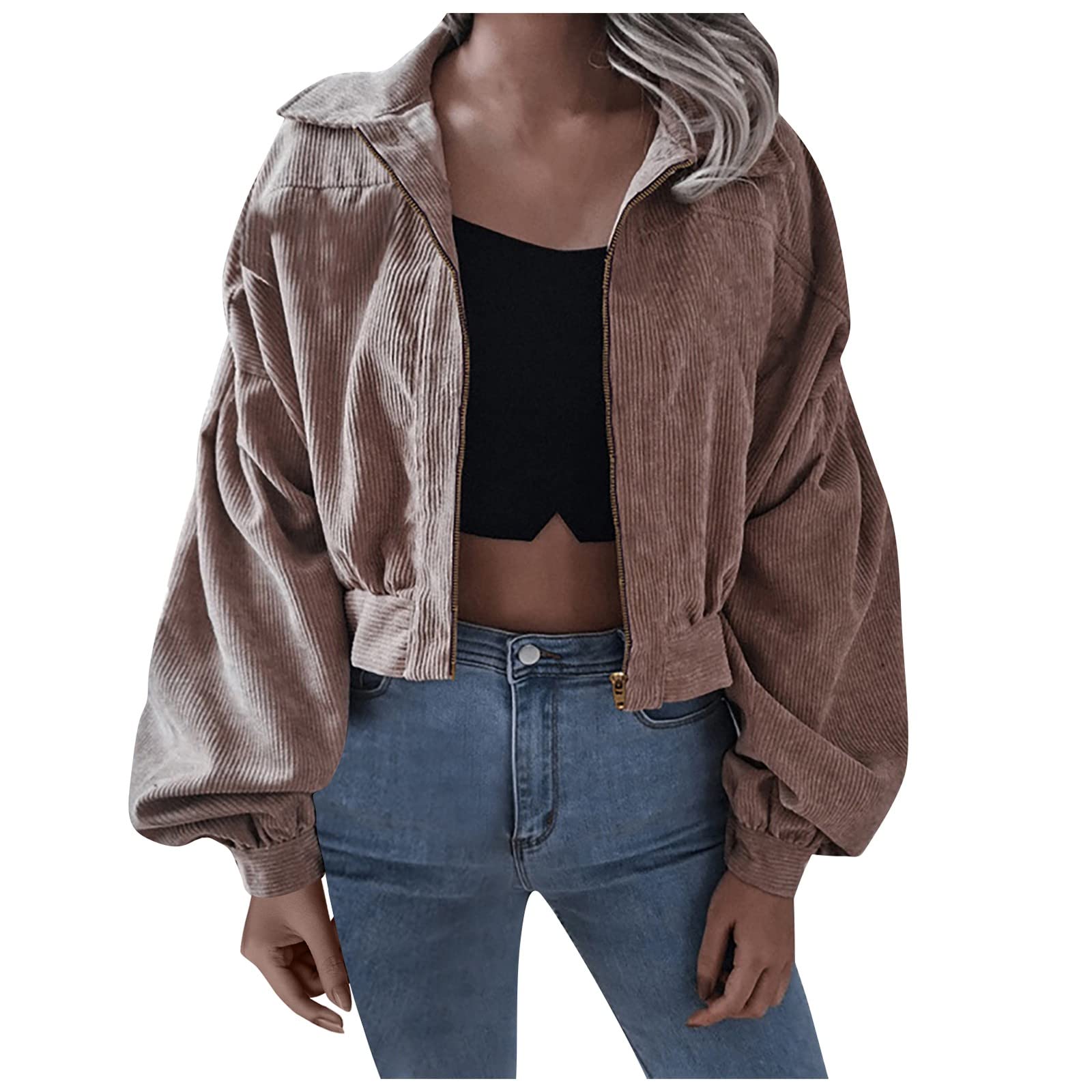 Women's Corduroy Zip Up Hoodie Jacket - Long Sleeve Cropped Drawstring Coat with Dual Pockets | Casual Fall Outerwear for Street Style & Daily Wear