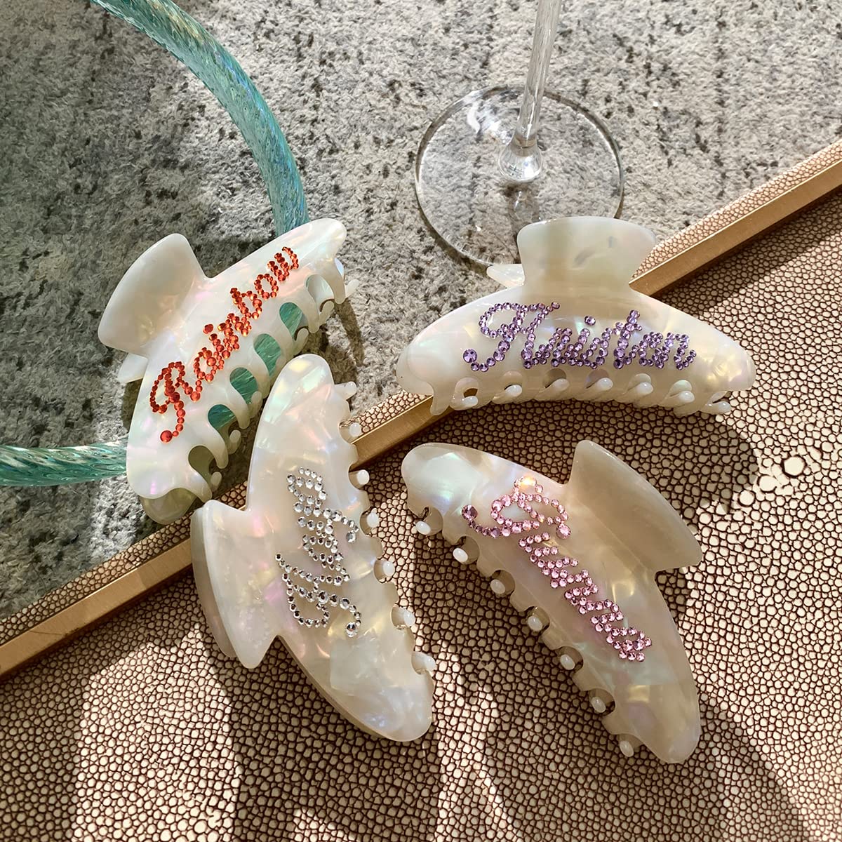 Personalized Rhinestone Name Hair Claw Clips for Women - 4 Inch Banana Jaw Clips for Thick & Thin Hair (Shell White) | Wedding, Party, Beach & Everyday Hair Accessories
