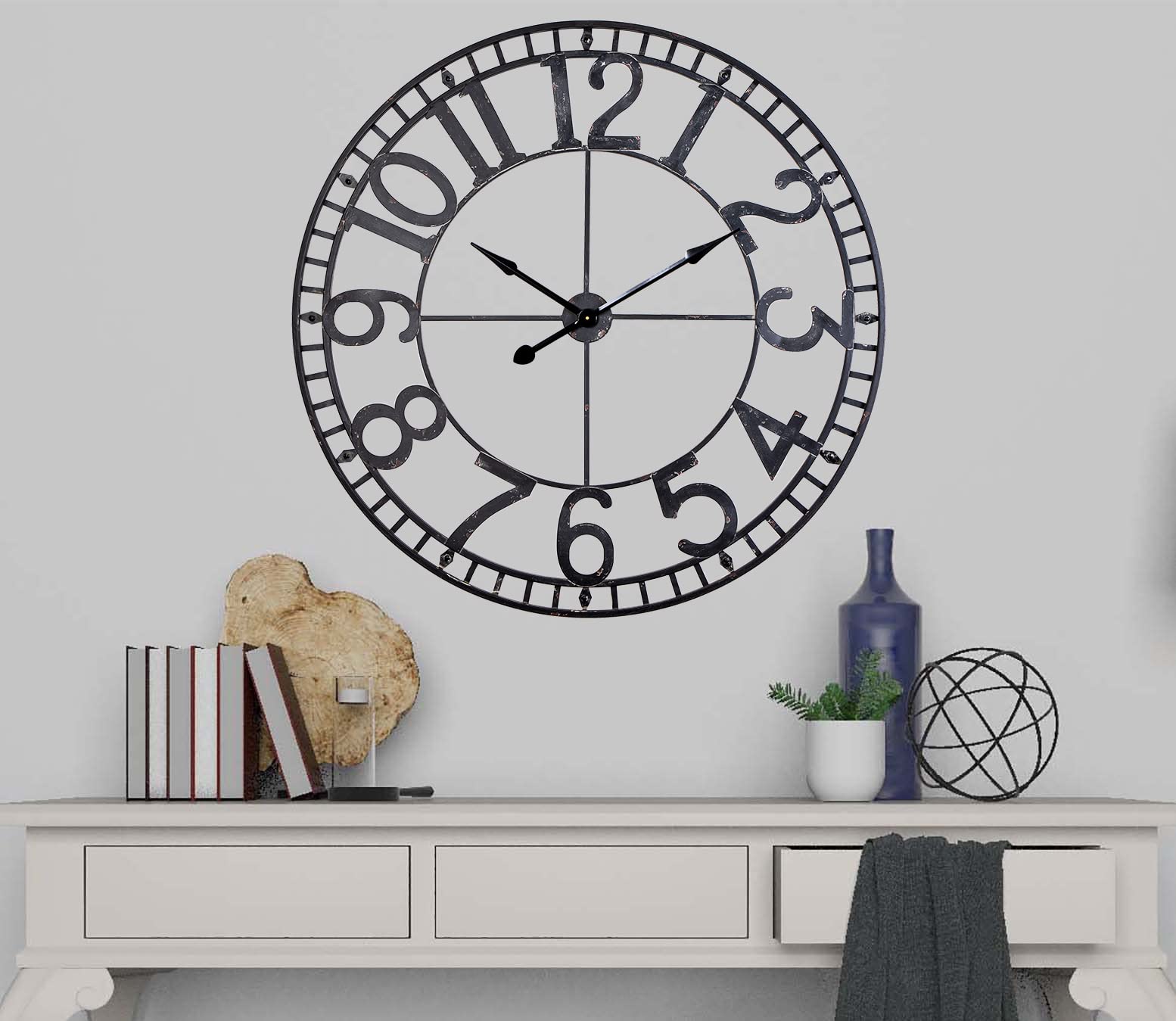 Industrial Wall Clock - Large Metal Clock for Living & Dining Room Decor (43.5