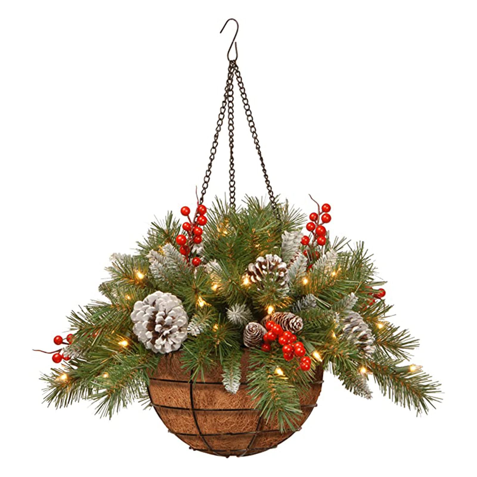 Pre-Lit Artificial Christmas Hanging Basket with Frosted Berries & Pine Cones - White LED Lights Holiday Decor for Indoor/Outdoor Christmas Decoration