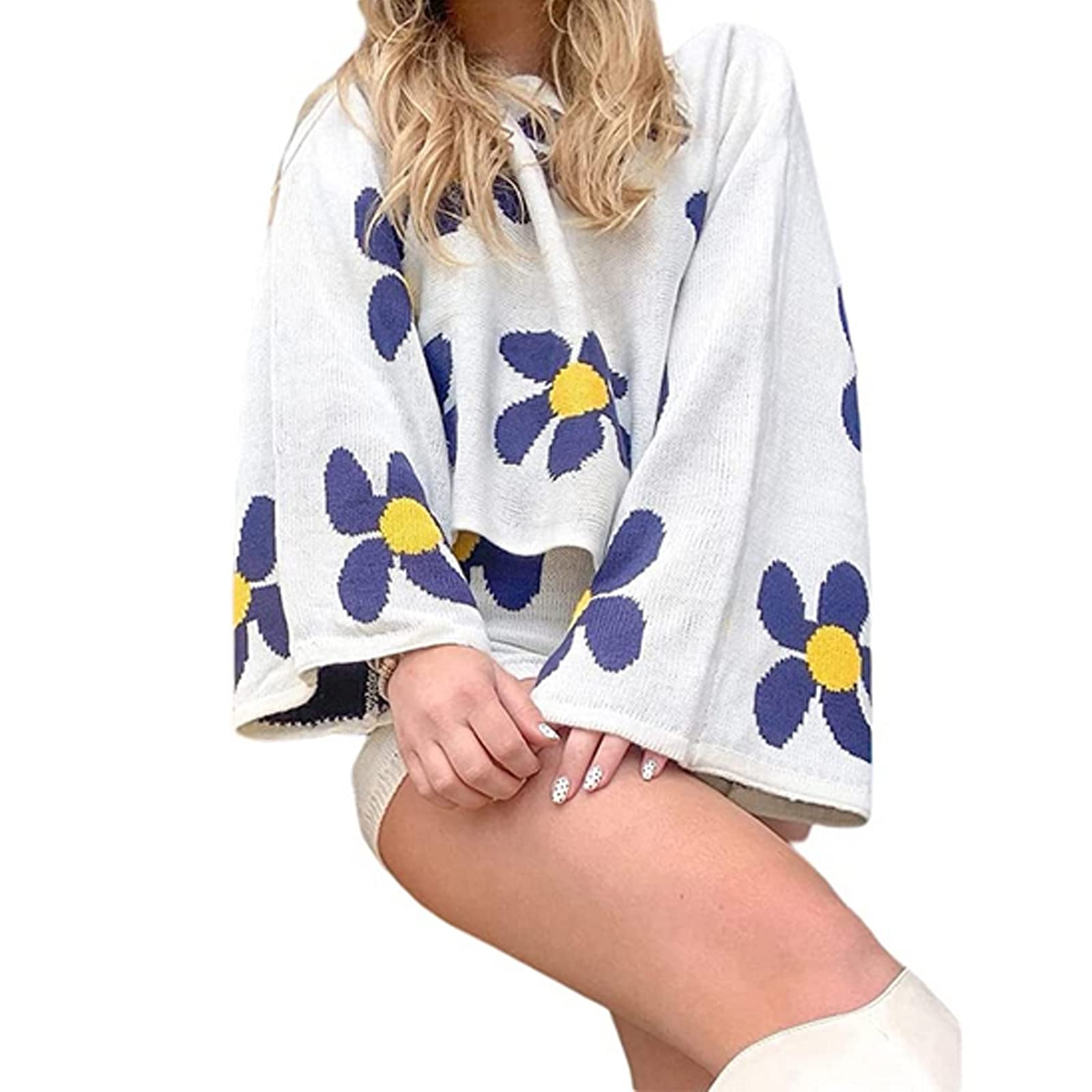HEZIOWYUN Women's 2-Piece Sweater Set - Off Shoulder Floral Knit Pullover Top & Zipper Knitted Shorts Suit for Spring | Casual Outfits, Date Night, Weekend Wear