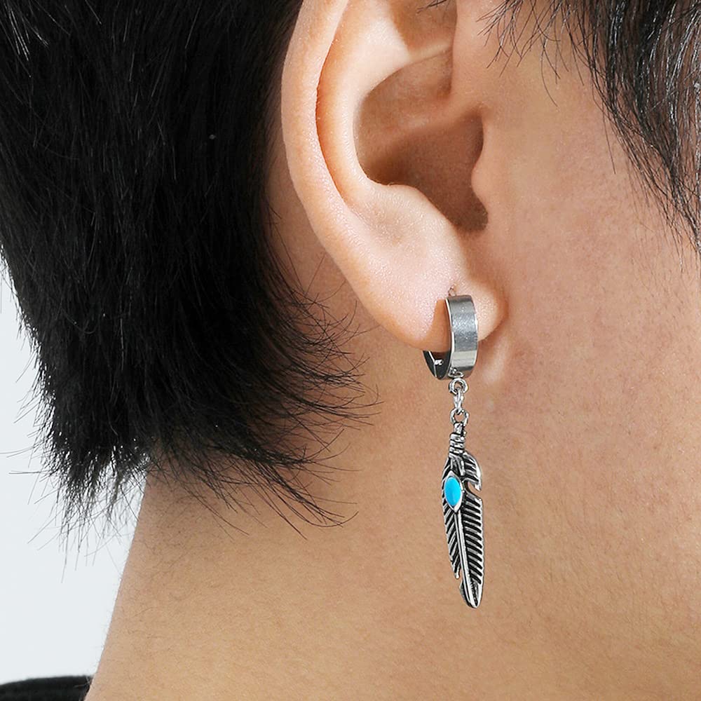 Turquoise Feather Dangle Earrings for Men & Women - Gothic Hoop Earrings, Kpop Punk Jewelry - Perfect for Parties, Concerts & Fashion Statements