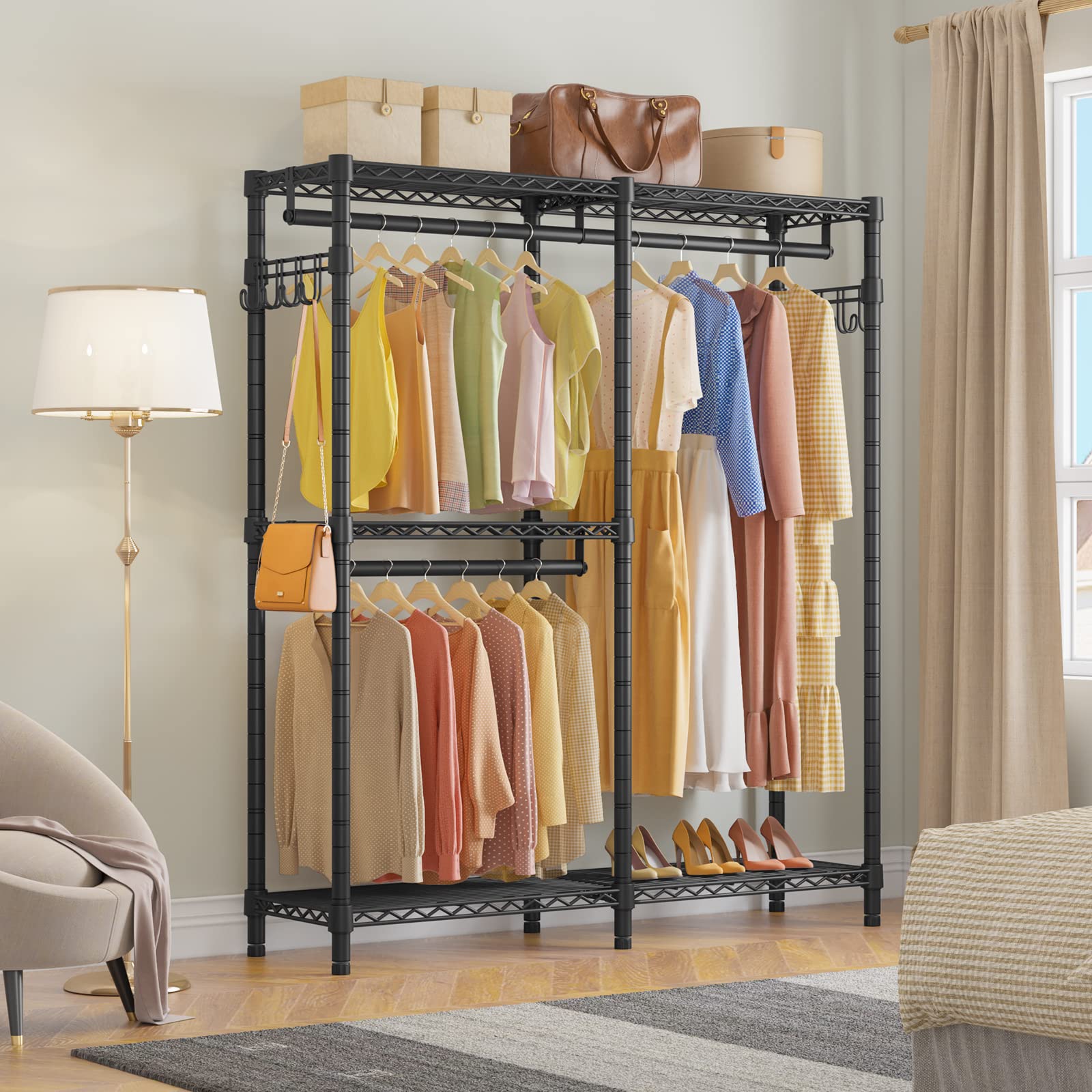 VIPEK V4S Heavy Duty Garment Rack - Adjustable Shelves & 2 Side Hooks, 810lbs Capacity Portable Closet Storage System for Hanging Clothes, Black | Perfect for Home Organization, Laundry Room, Closet Storage & Commercial Use