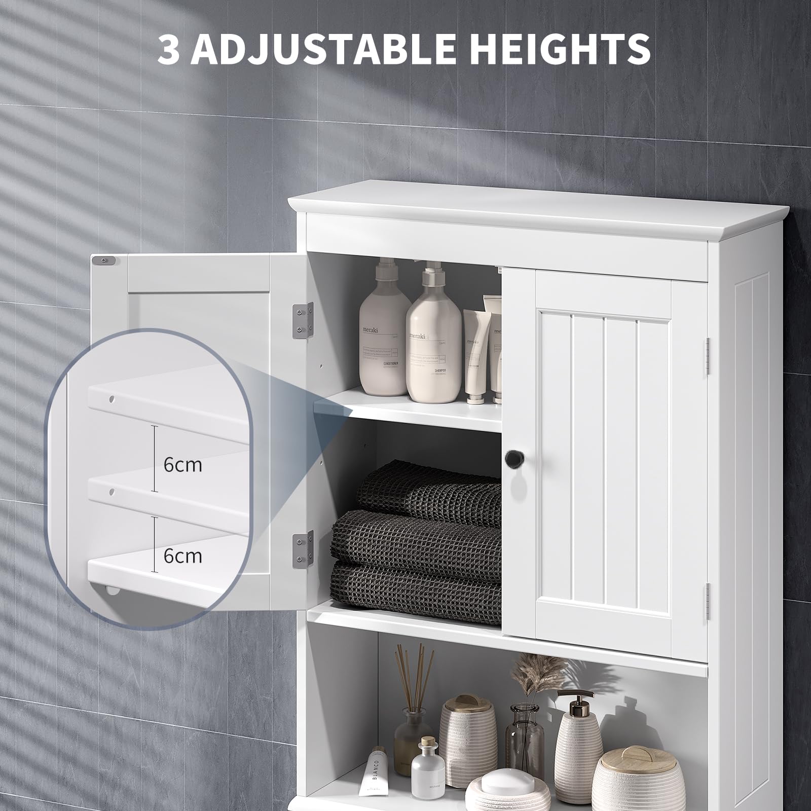 Bealife Over The Toilet Storage Cabinet with Adjustable Open Shelf & Double Doors - White | Bathroom Organizer for Towels, Toiletries & Cleaning Supplies | Space-Saving Freestanding Design for Small Bathrooms
